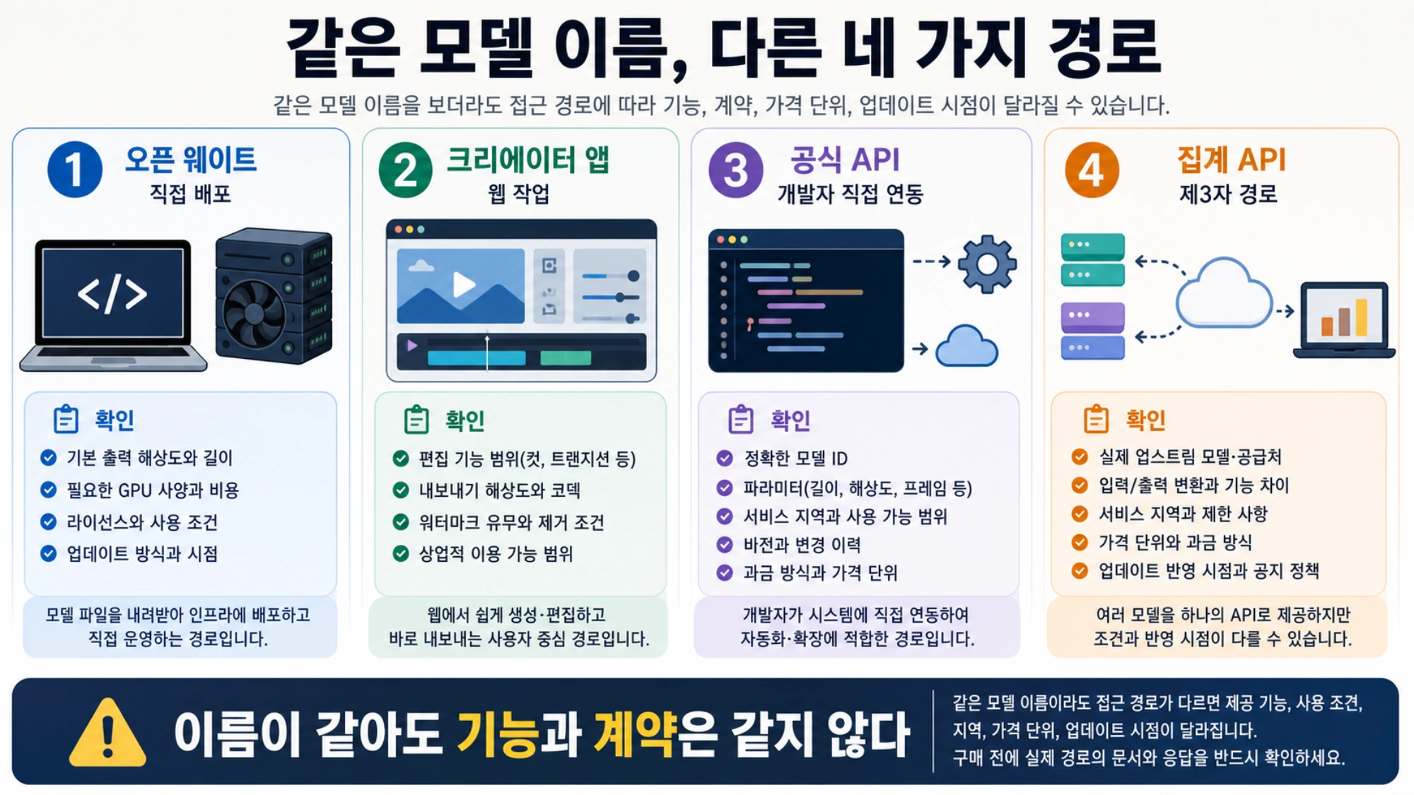 같은 모델 이름이 오픈 웨이트, 크리에이터 앱, 공식 API, 집계 API에서 서로 다른 기능과 계약을 가질 수 있음을 보여 주는 네 경로