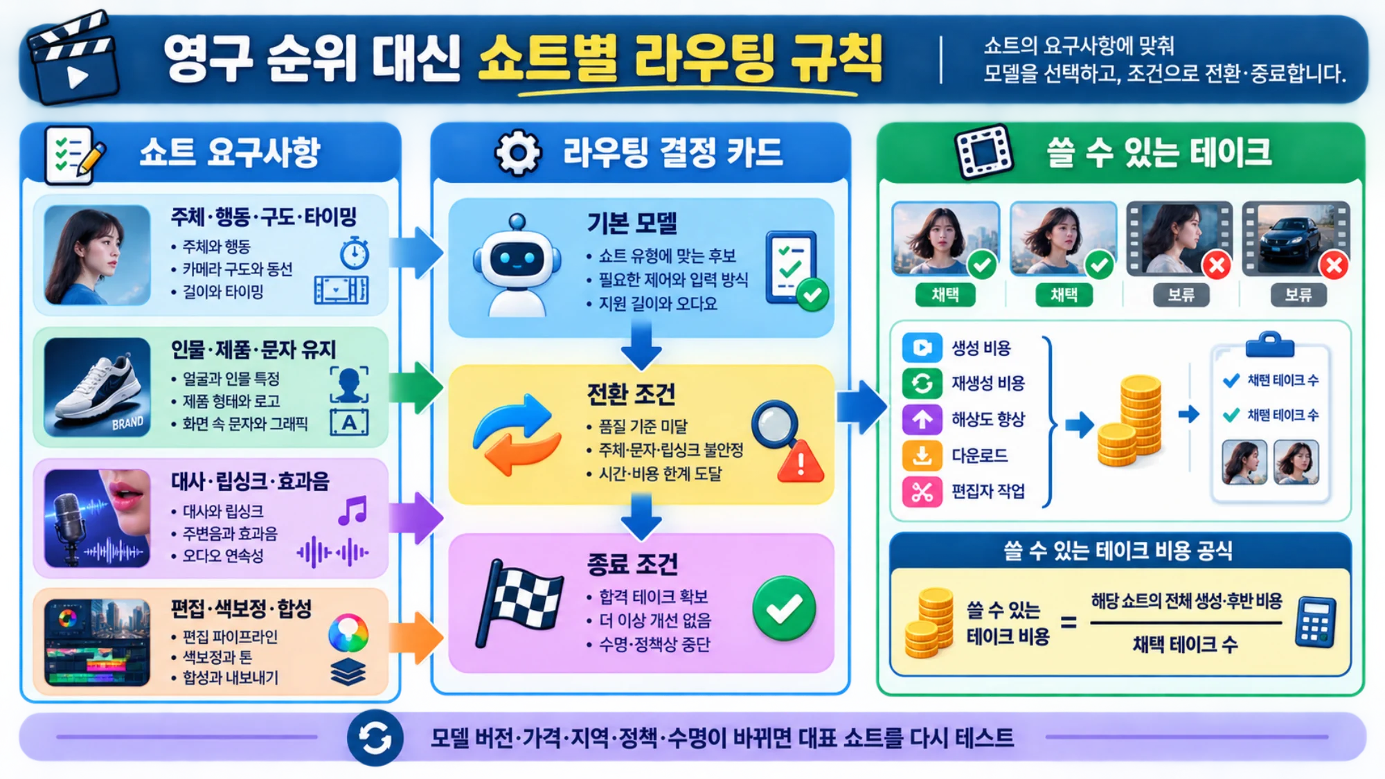 쇼트 요구사항에 맞춰 기본 모델과 전환·종료 조건을 정하고 쓸 수 있는 테이크 비용으로 판단하는 라우팅 규칙