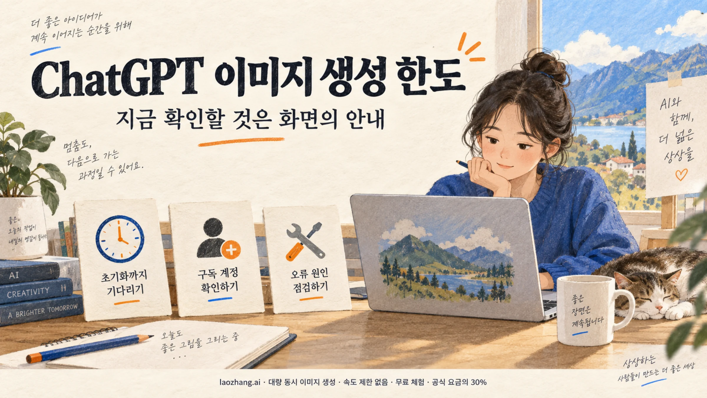 노트북 앞에서 이미지 작업을 하며 기다리기, 계정 확인, 오류 점검을 살펴보는 이용자