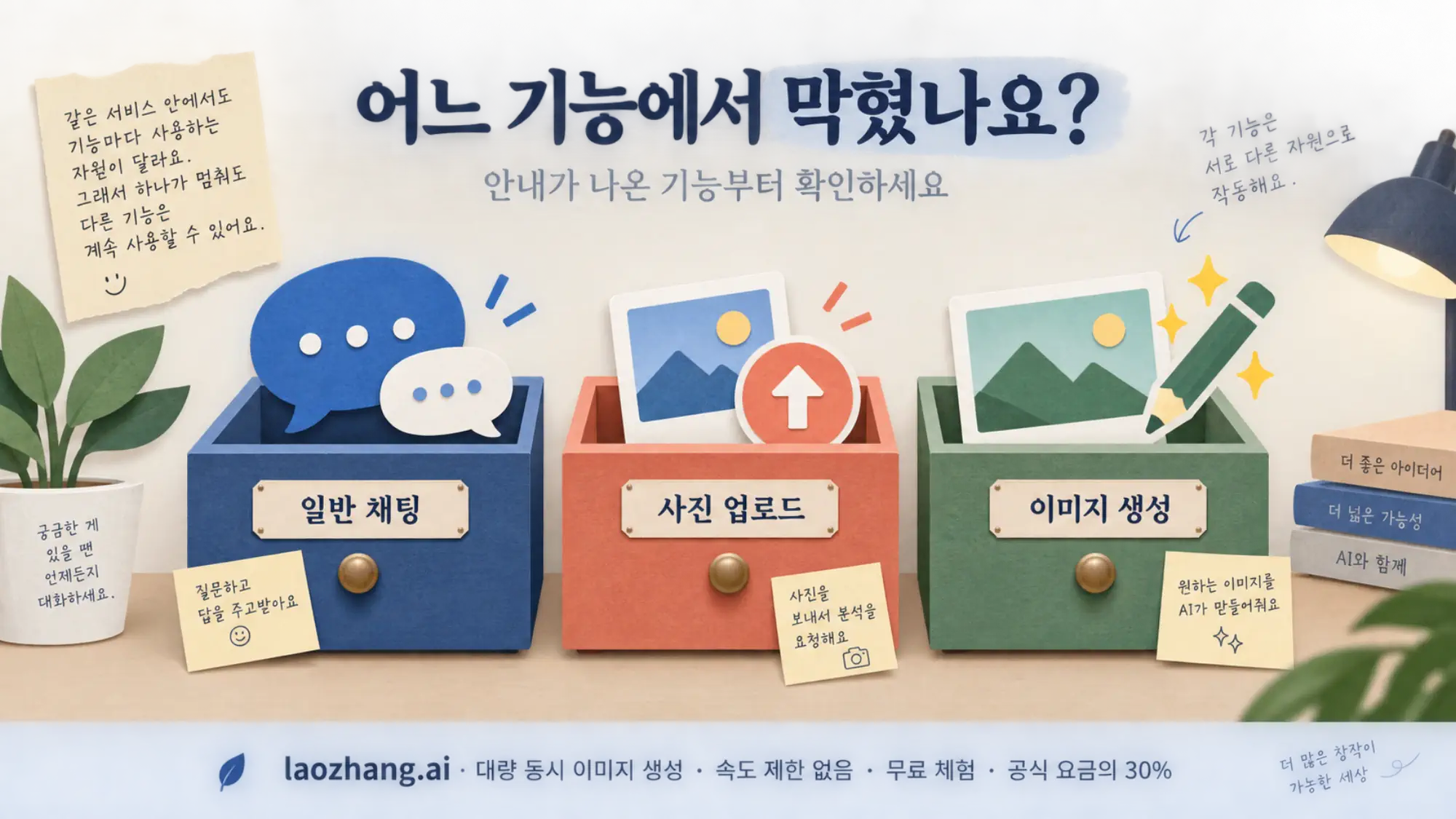 일반 채팅, 사진 업로드, 이미지 생성을 별도의 서랍으로 나타낸 그림