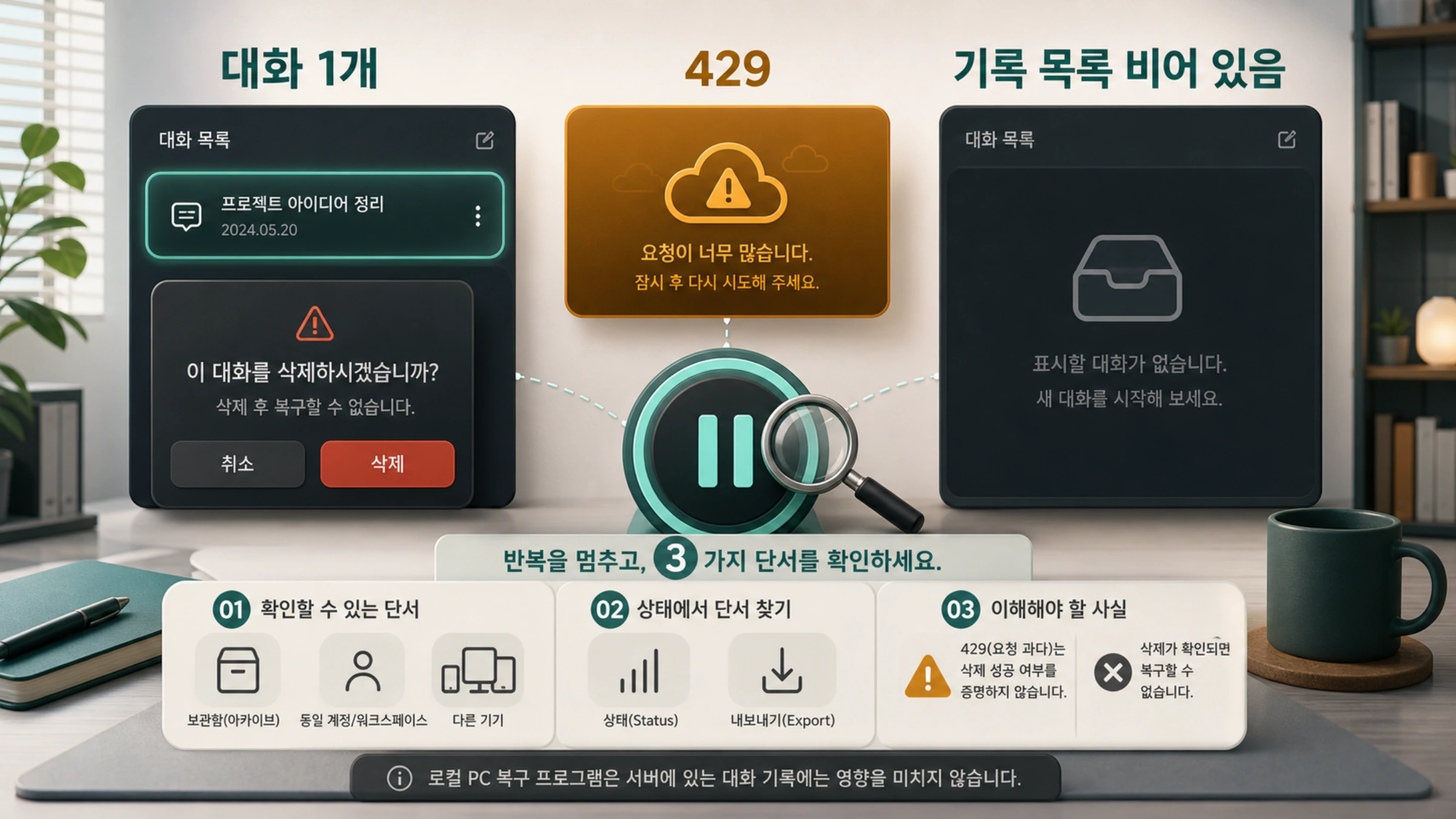 개인정보가 없는 화면에서 삭제한 대화, Too Many Requests, 빈 대화 목록을 서로 다른 세 가지 단서로 보여 준다.