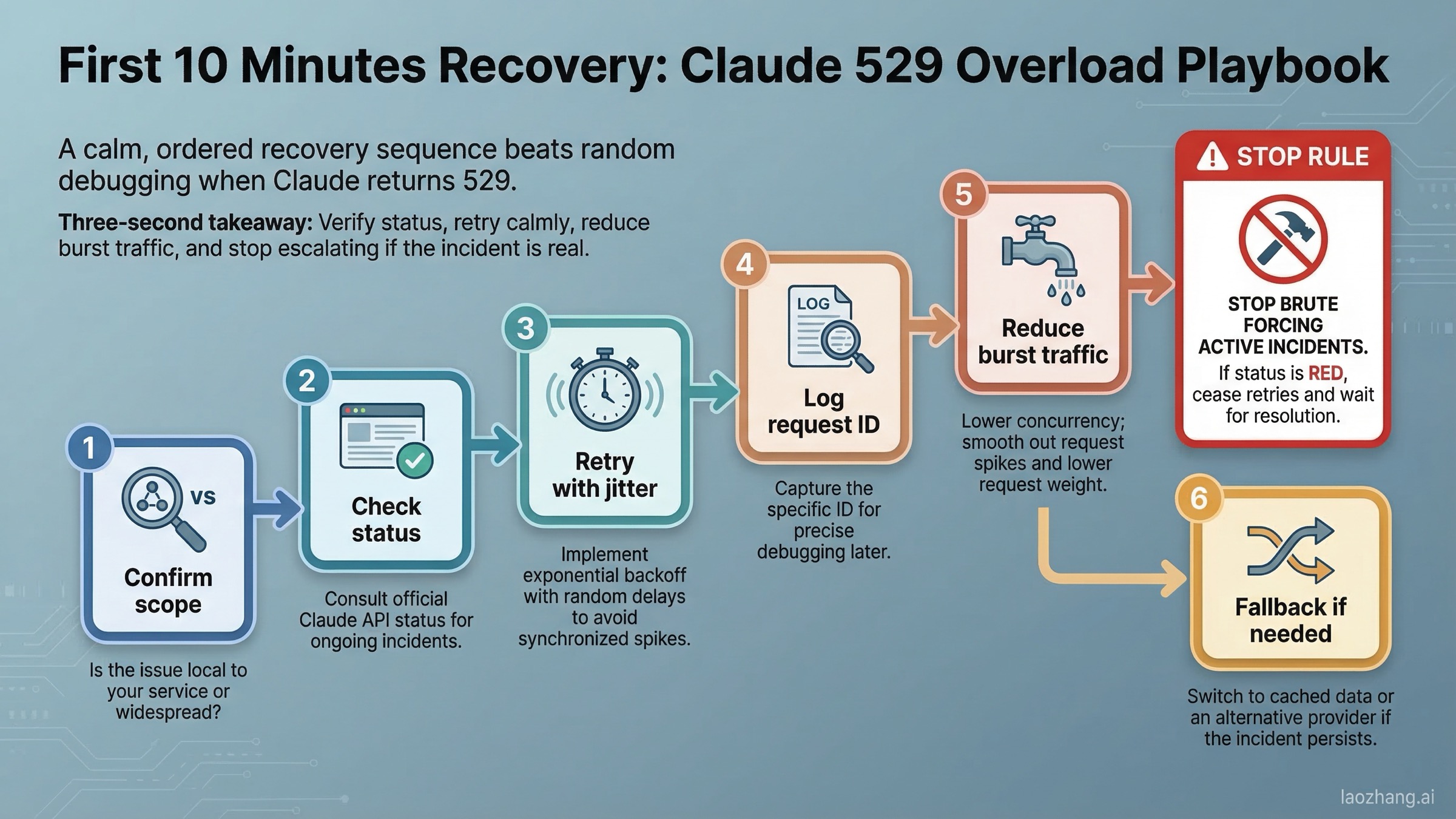 Claude 529 overloaded error 초기 대응 절차를 보여주는 recovery playbook 이미지