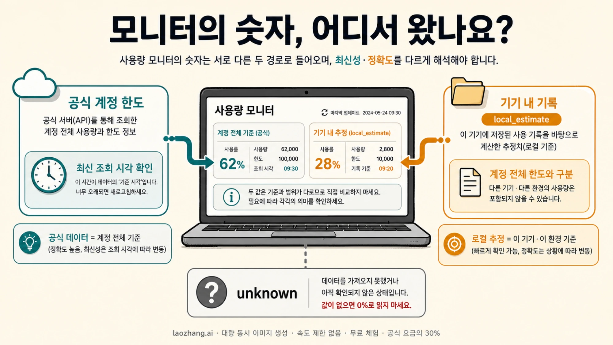 사용량 모니터에 들어오는 공식 계정 데이터와 기기 내 추정 기록을 구분한 개념도