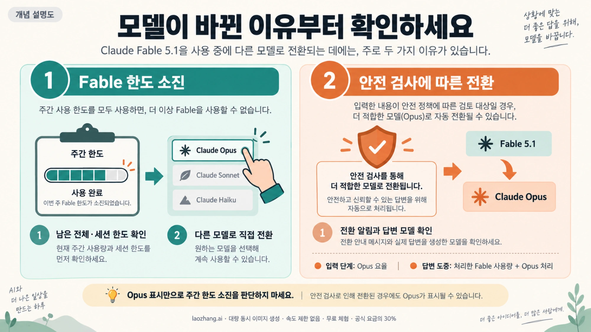 Fable 한도 소진 후 직접 모델을 고르는 경우와 안전 검사로 Opus로 전환되는 경우를 나눈 안내도