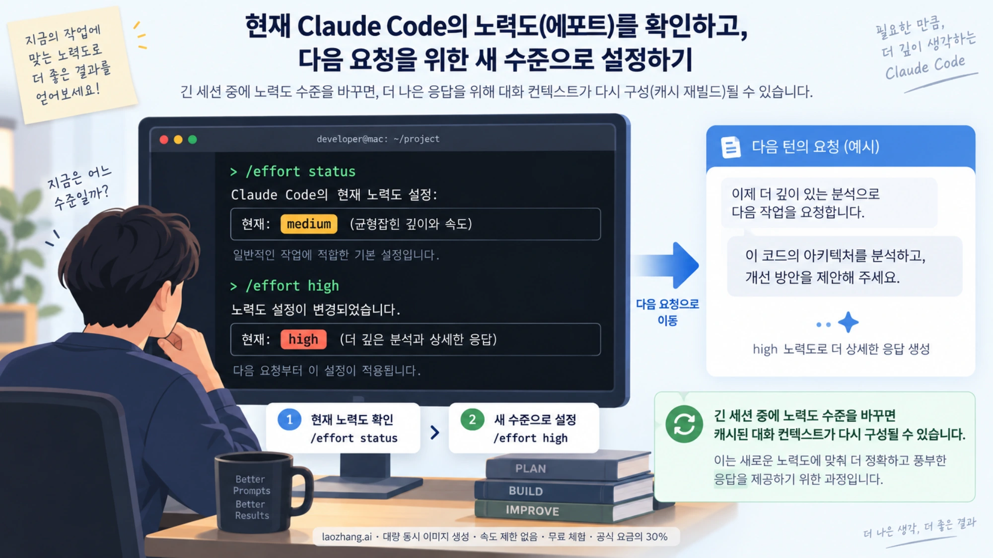 Claude Code에서 현재 effort를 확인하고 다음 요청에 적용할 수준을 정하는 흐름을 나타낸 그림
