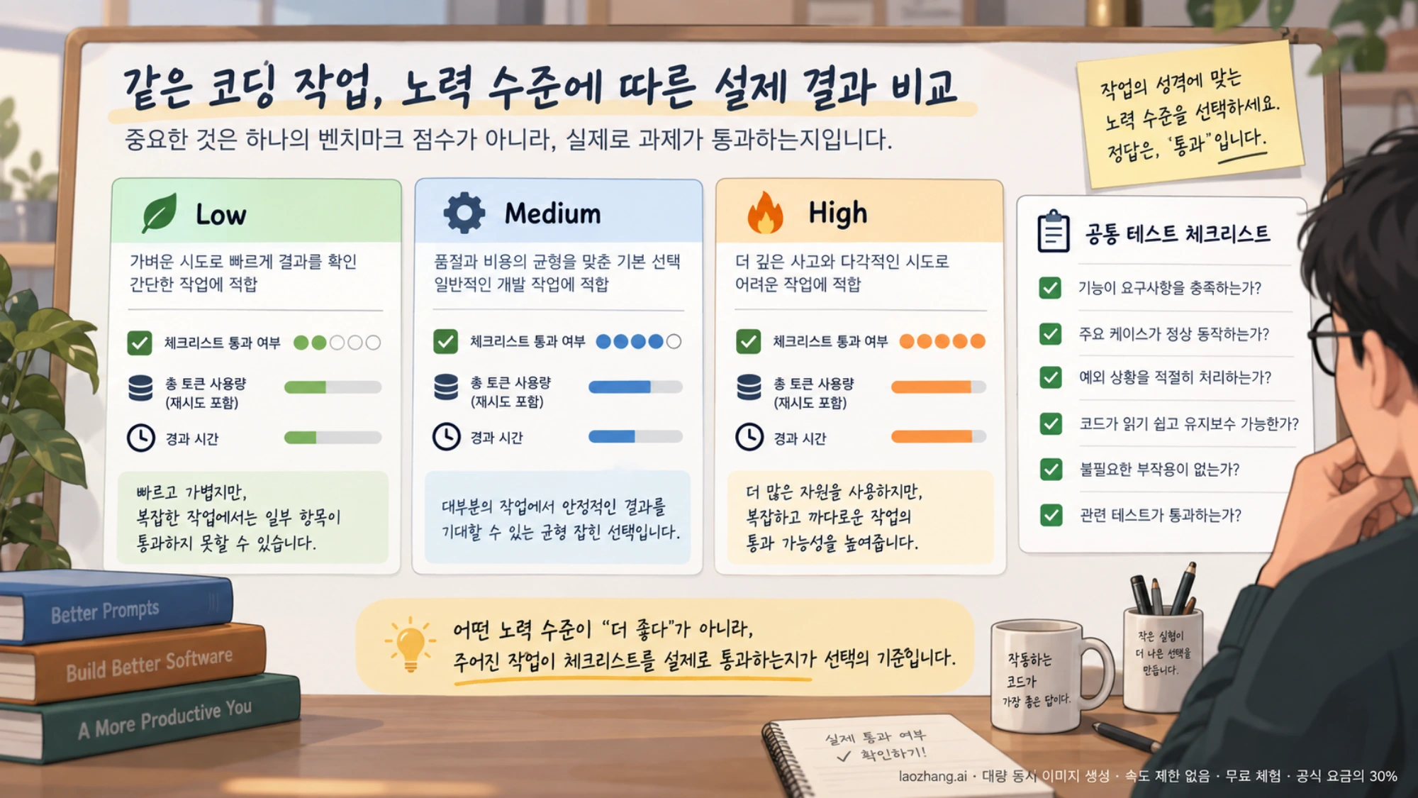완료 품질과 전체 비용을 함께 비교해 effort 수준을 정하는 그림