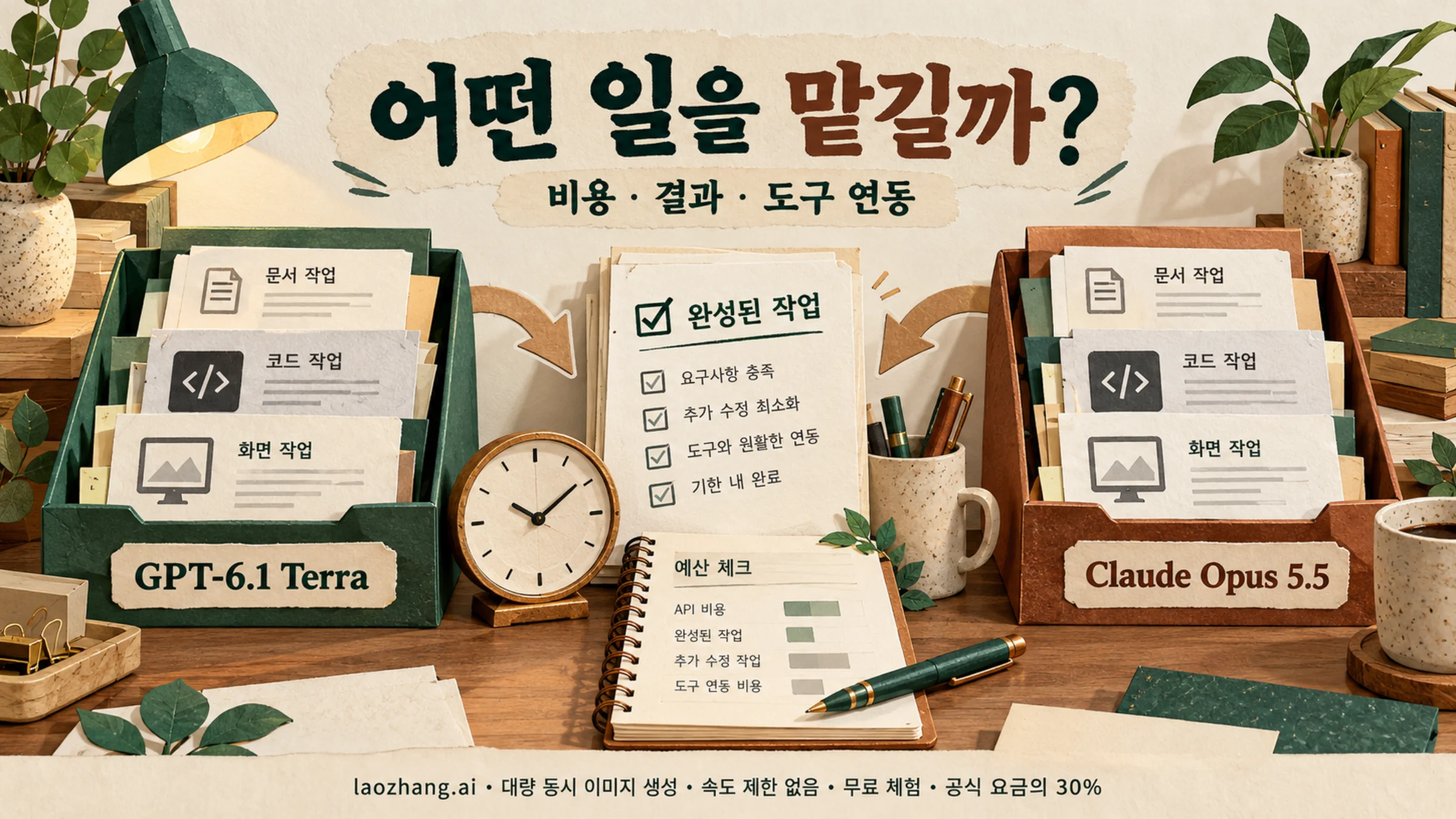 문서·코드·화면 작업을 두 모델에 맡기고 결과와 예산을 살펴보는 책상