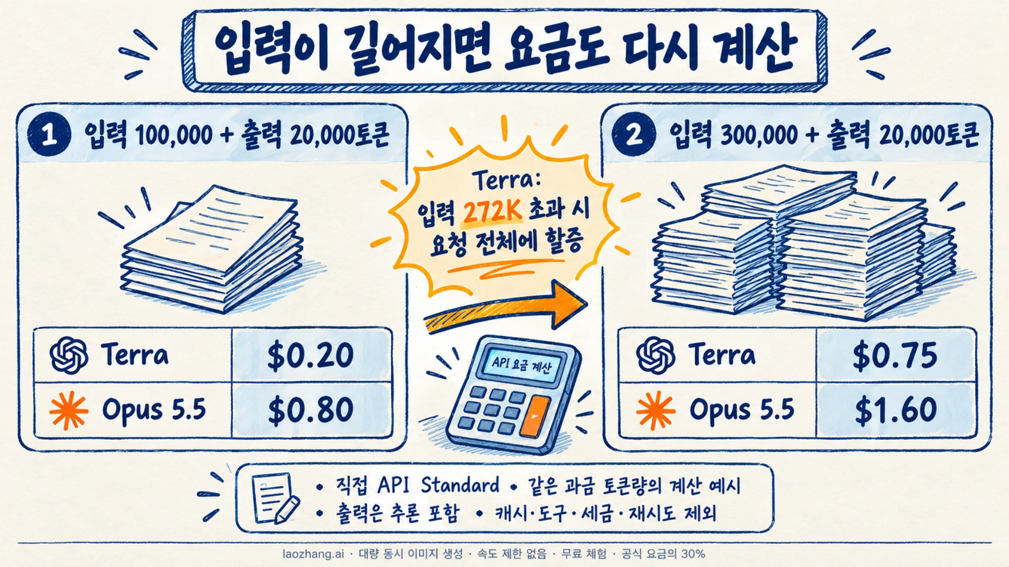 입력 자료의 양이 달라질 때 Terra와 Opus의 비용을 계산하는 두 가지 예시