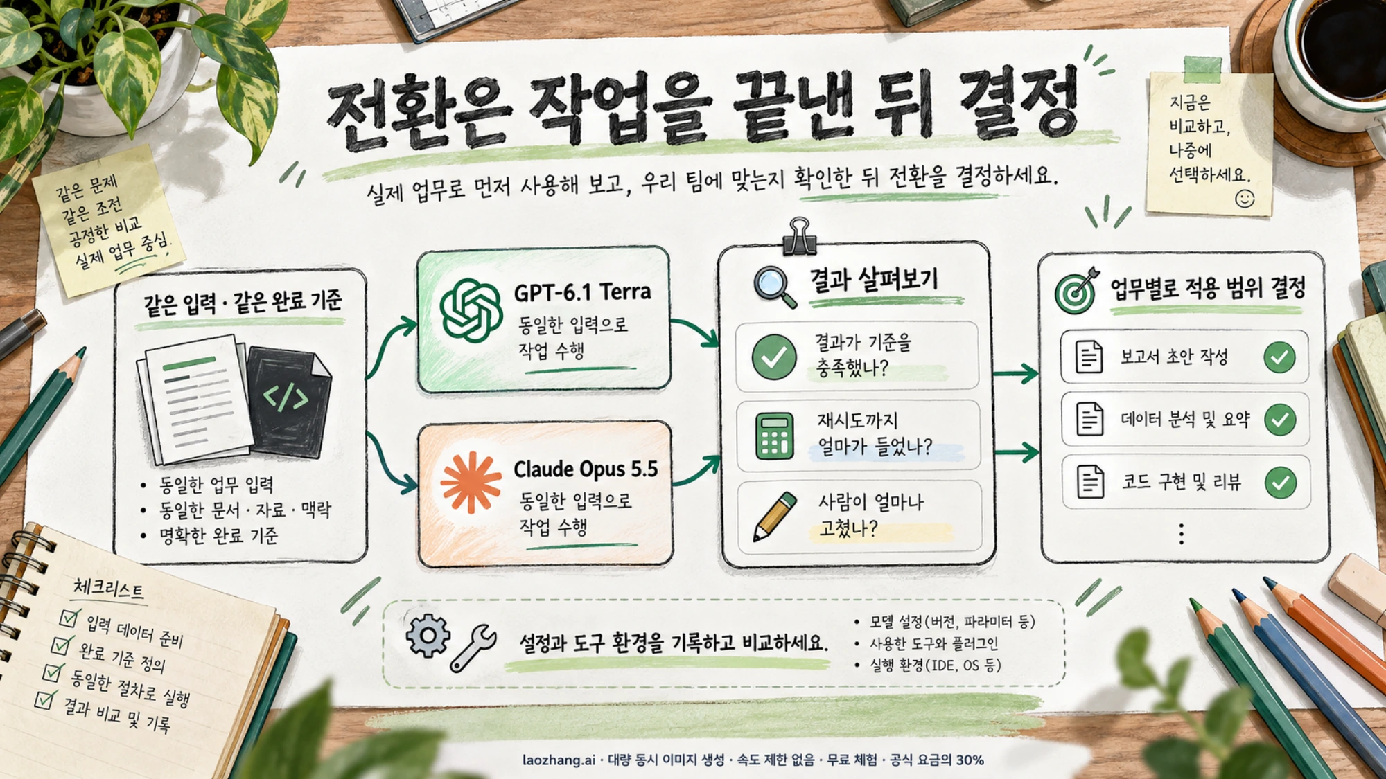 같은 업무를 Terra와 Opus에 맡긴 뒤 결과, 재시도 비용과 수정량을 비교하는 흐름도