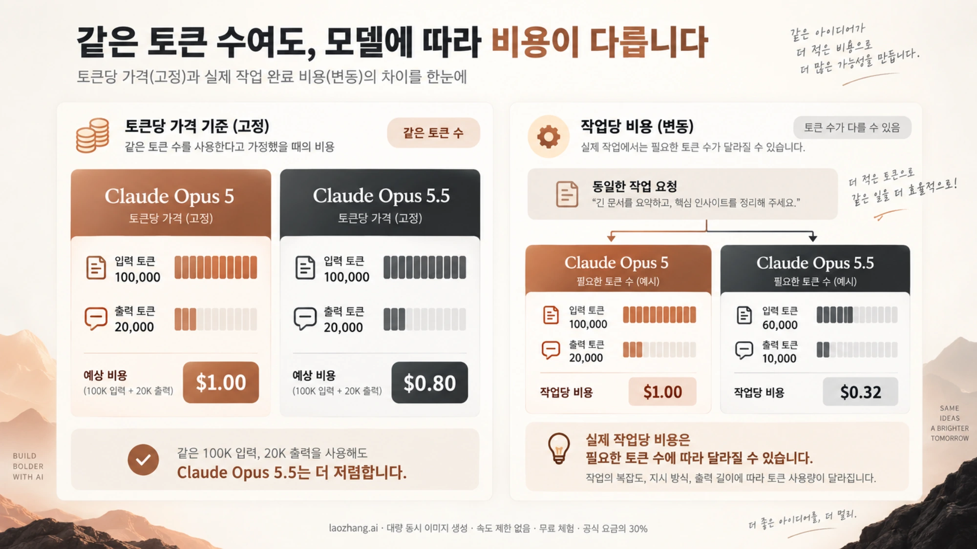 같은 입력·출력 토큰 수의 비용과 실제 작업당 비용이 달라지는 상황을 나란히 보여 주는 그림