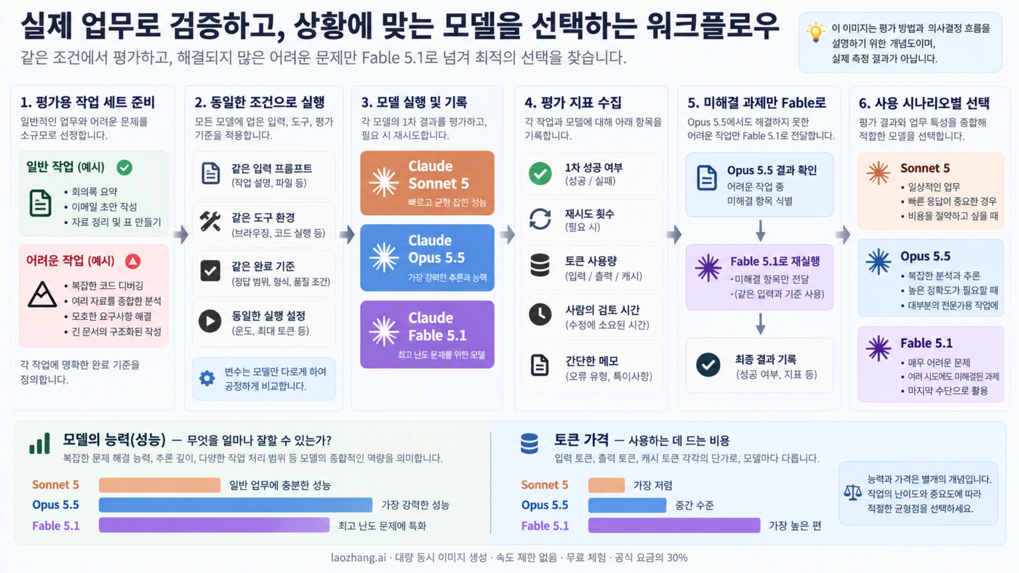 같은 조건에서 여러 Claude 모델을 평가하고 통과율과 작업 비용을 기록해 모델을 선택하는 흐름도