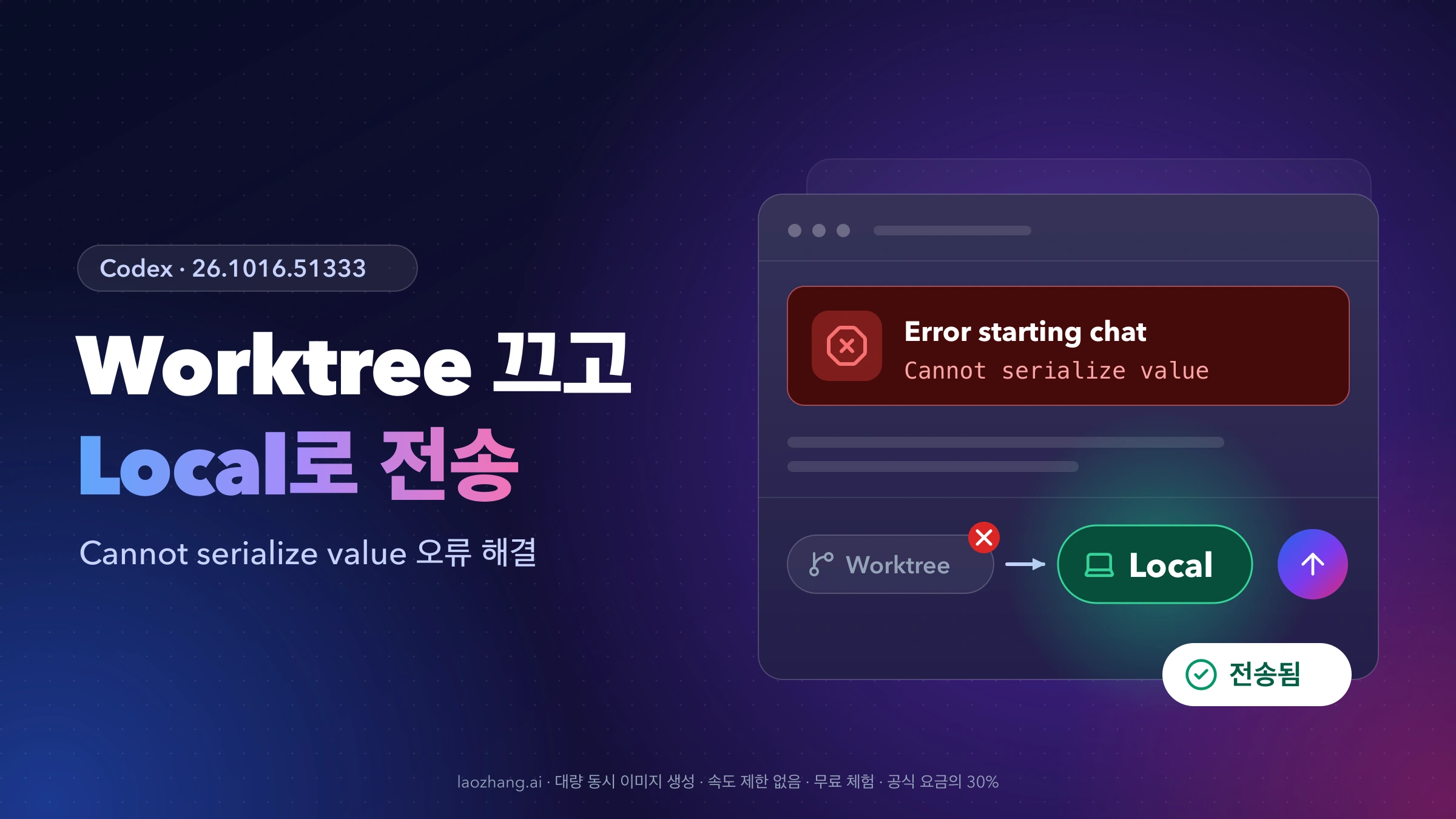 Codex 앱 컴포저 창에 Error starting chat과 Cannot serialize value 배너가 뜨고, 아래에서 실패한 Worktree 대신 Local을 선택해 메시지가 전송된 모습