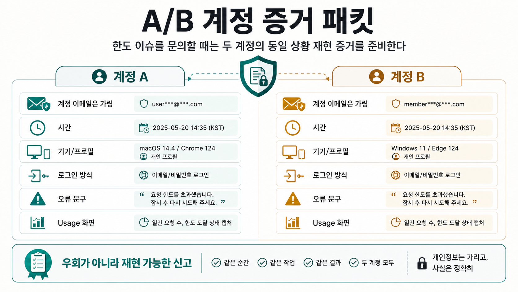 같은 기기에서 계정 B가 계정 A의 제한을 이어받는 것처럼 보이는지 조사하는 A/B 증거 패킷.