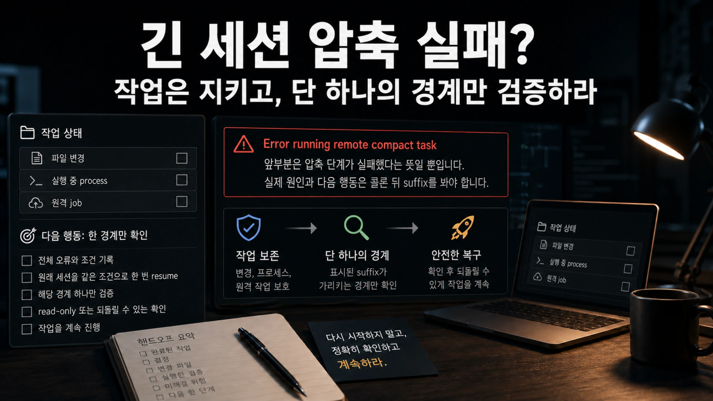 긴 Codex 세션 압축 실패 뒤 작업을 보존하고 한 경계만 검증하는 진단 워크스페이스