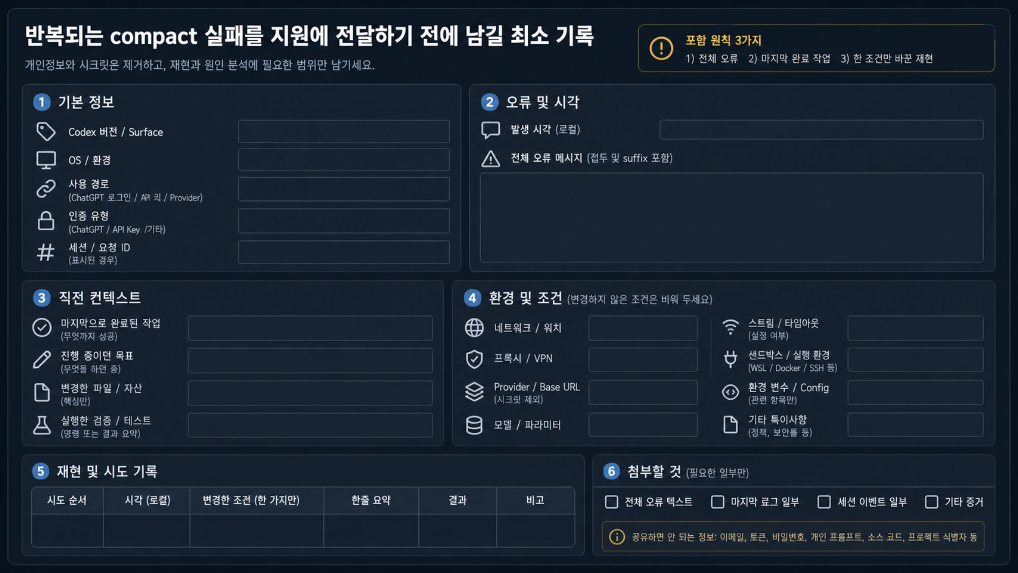 반복되는 compact 실패를 지원에 전달하기 전에 작성하는 빈 최소 기록 양식