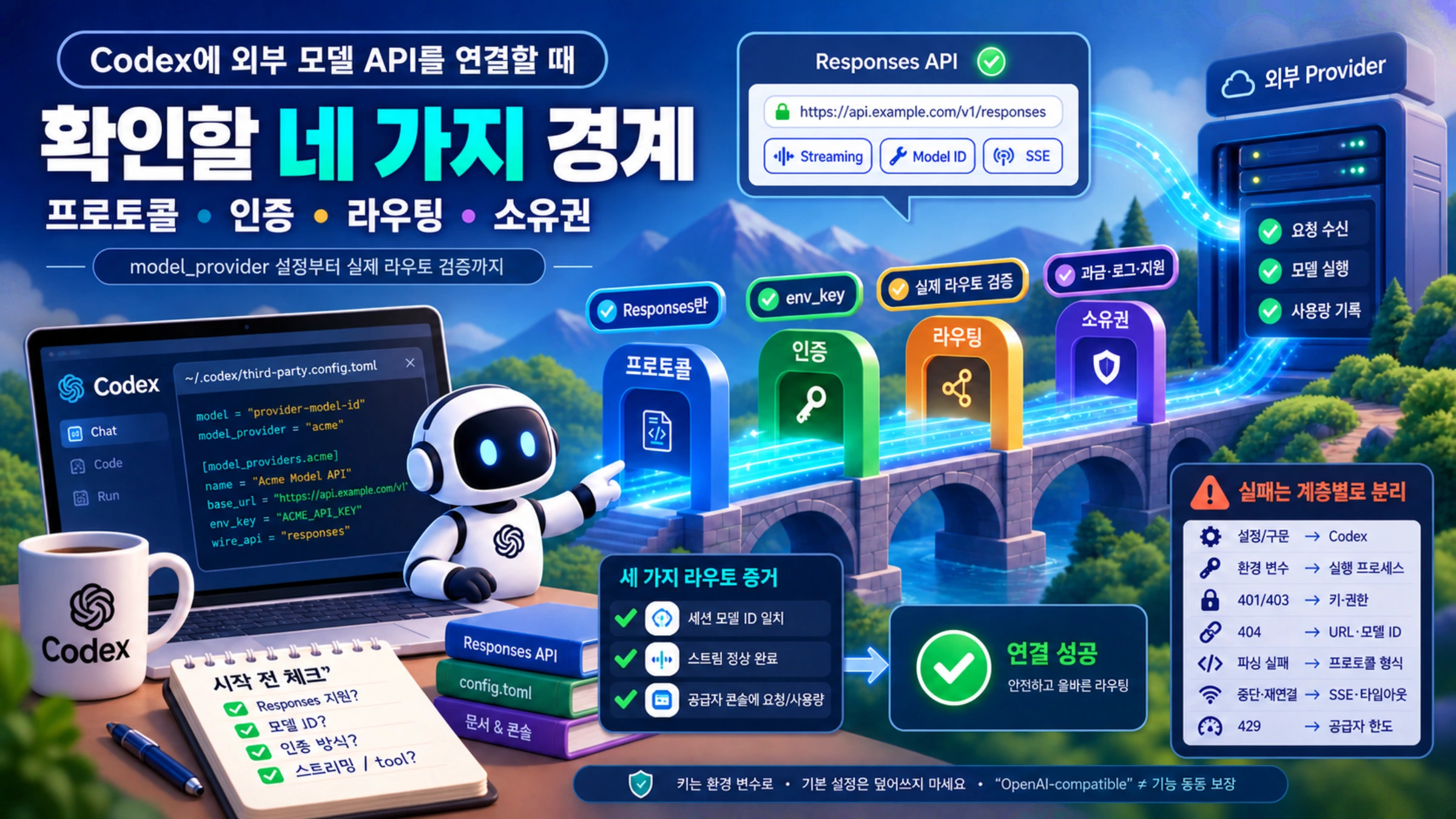 Codex가 외부 모델 API에 연결될 때 프로토콜, 인증, 라우팅, 소유권 경계를 확인하는 그림