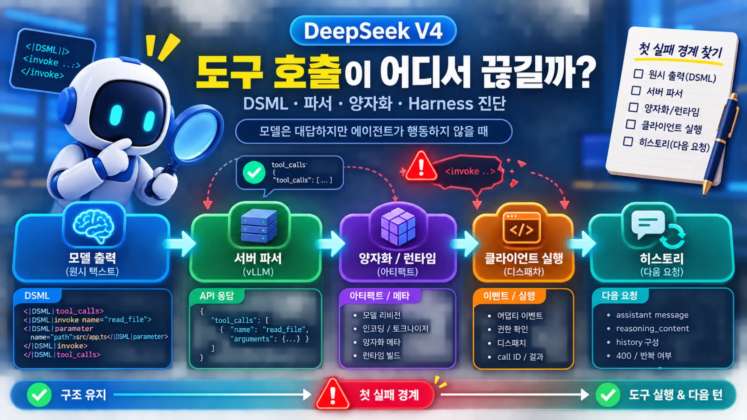 DeepSeek V4 도구 호출이 모델, parser, runtime, agent harness를 지나는 진단 경계