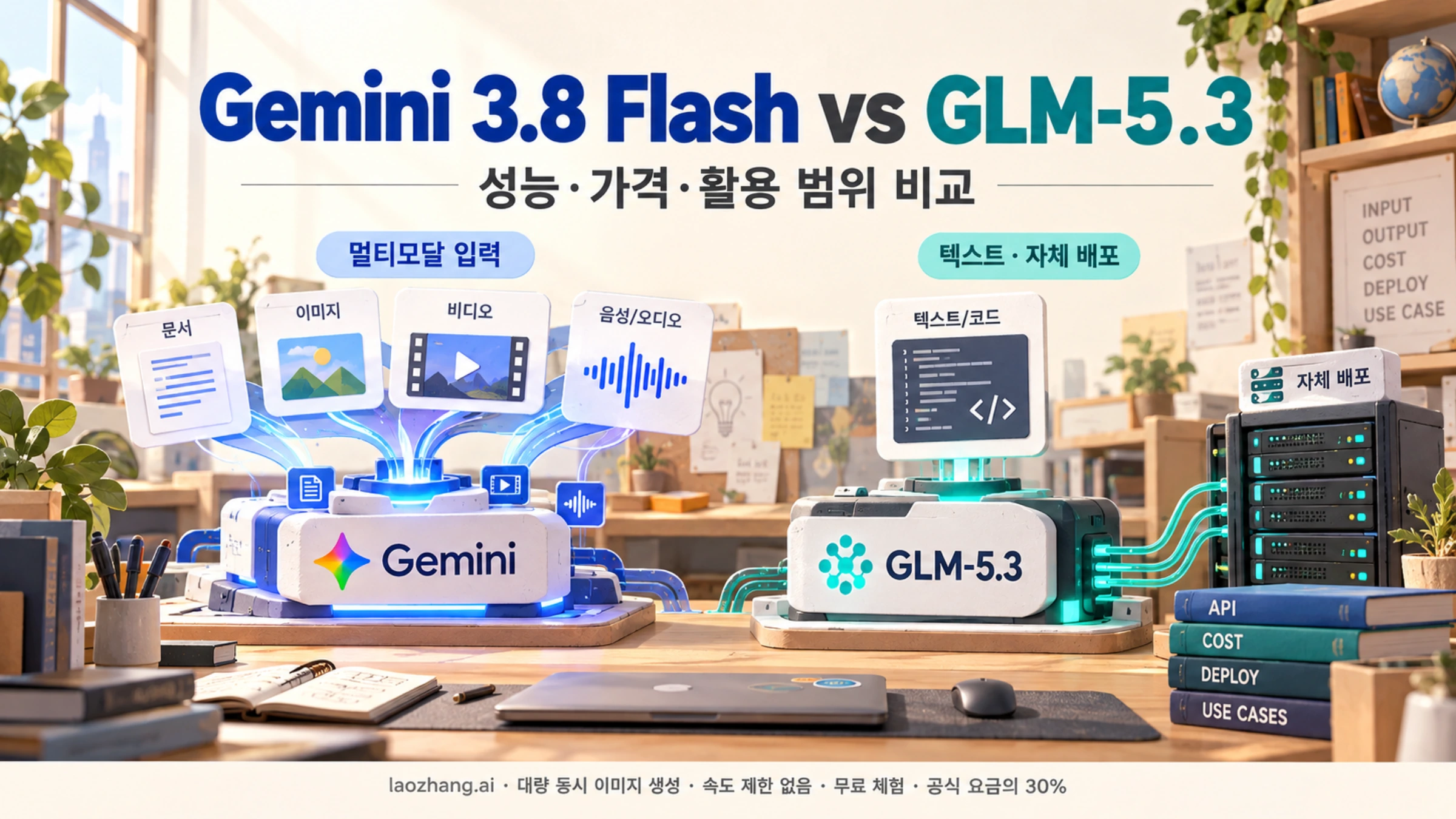멀티모달 자료를 받는 Gemini 3.8 Flash와 텍스트·코드 및 서버로 연결된 GLM-5.3을 나란히 표현한 비교 그림