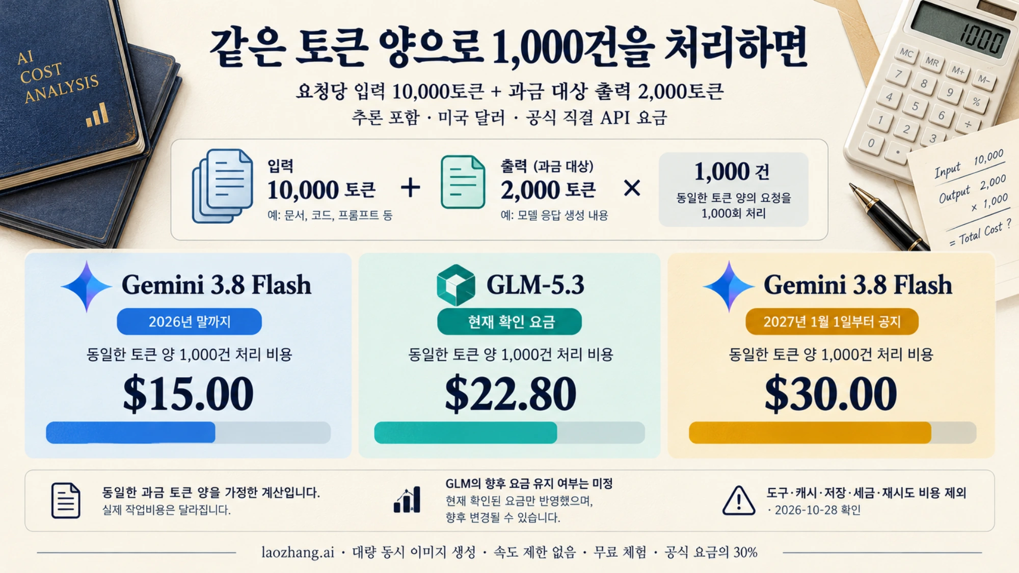 동일한 입력·출력 토큰 양을 가정하고 요청 1,000건의 Gemini 현재·공지된 미래 요금과 GLM 현재 요금을 비교한 그림