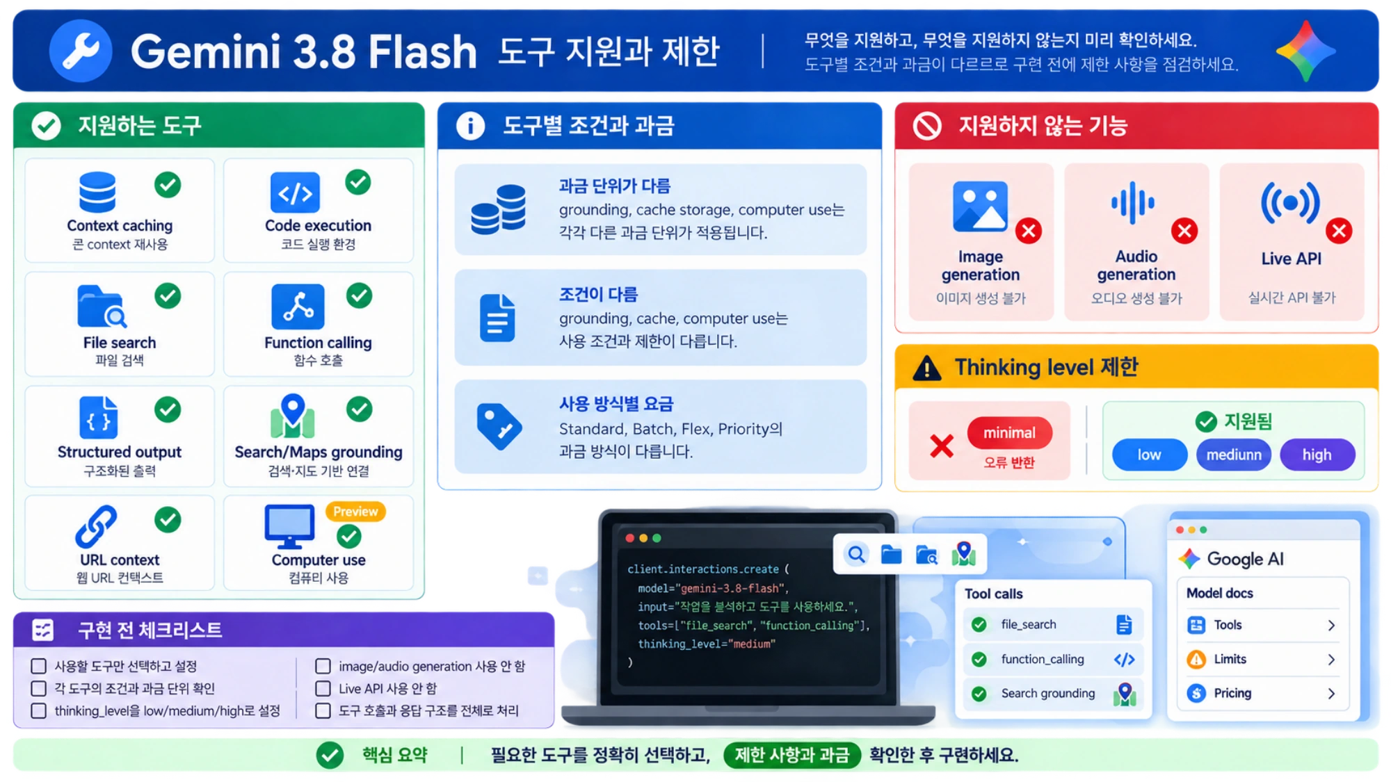 Gemini 3.8 Flash의 지원 도구, 도구별 조건과 과금, 미지원 기능, thinking level 제한과 구현 체크리스트를 보여 주는 한국어 안내도