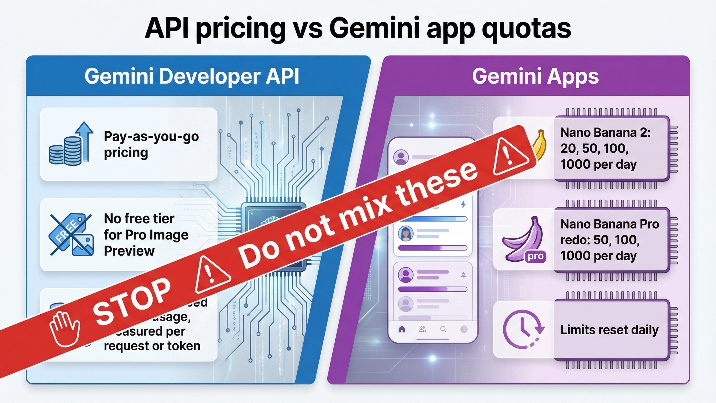 왼쪽에 Gemini Developer API 종량제, 오른쪽에 Nano Banana 2와 Nano Banana Pro의 Gemini 앱 일일 한도를 배치해 혼동하지 말라고 보여주는 비교 이미지.