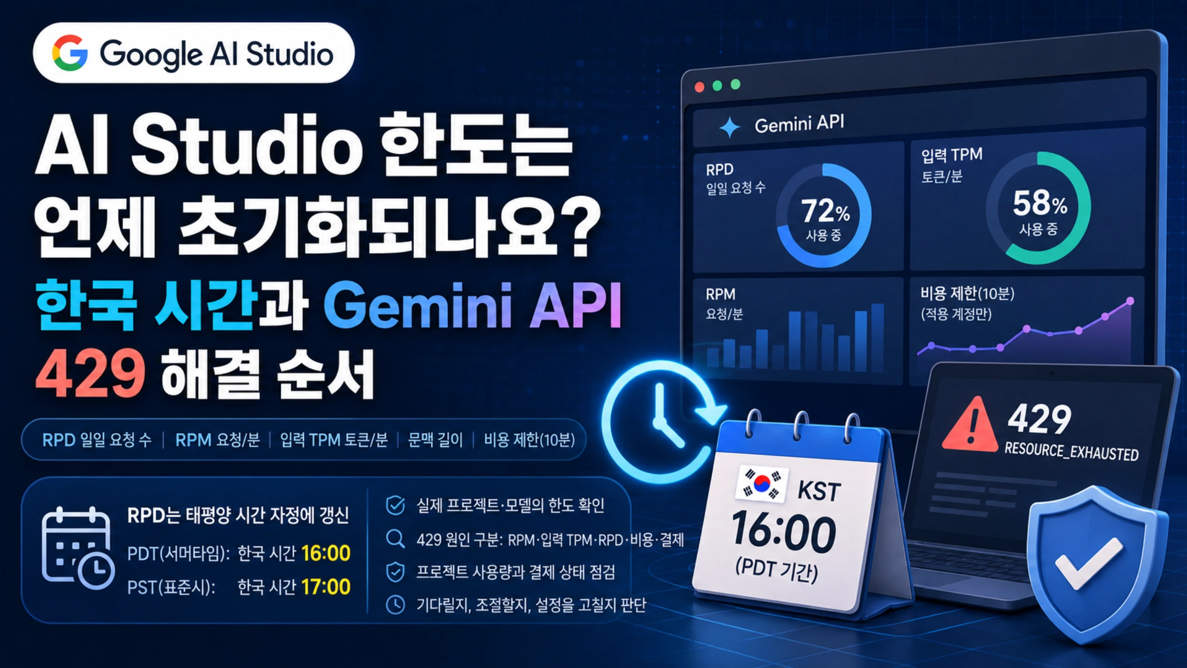 AI Studio 한도와 한국의 RPD 갱신 시간, 사용량 지표 및 429 오류를 설명하는 표지