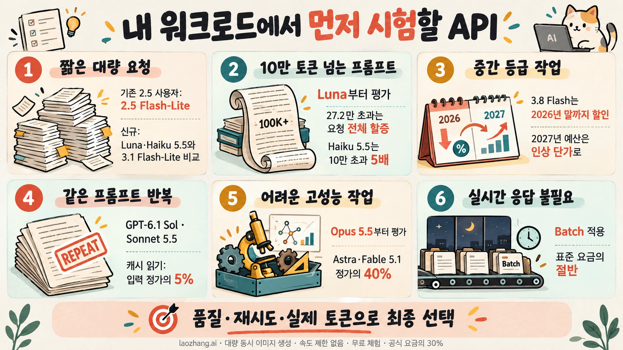 짧은 대량 요청, 10만 토큰 넘는 프롬프트, 2026년 중간 등급, 같은 프롬프트 반복, 최고 성능, 실시간 응답 불필요 등 여섯 가지 워크로드별로 먼저 시험할 모델과 가격 조건을 정리한 카드