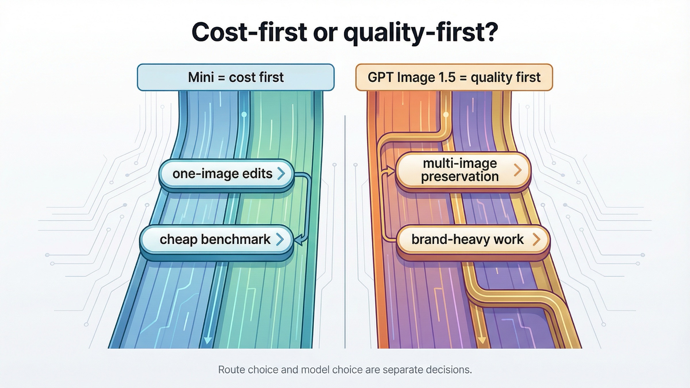 GPT Image 1 Mini 는 cost-first 편집 경로, GPT Image 1.5 는 quality-first 의 더 안전한 경로로 비교한 선택 다이어그램