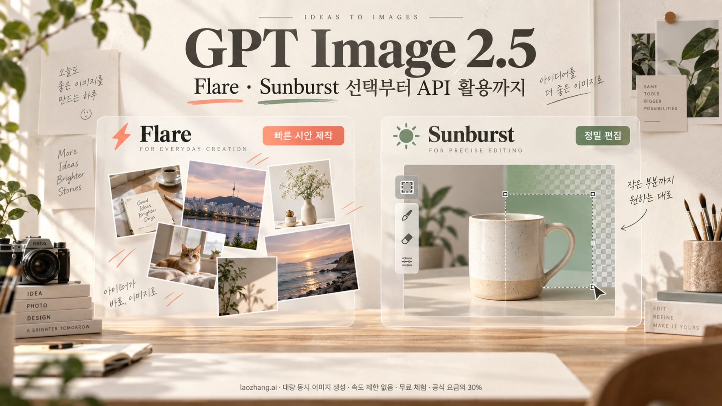 GPT Image 2.5 Flare의 이미지 시안과 Sunburst의 머그컵 사진 편집을 나란히 표현한 그림