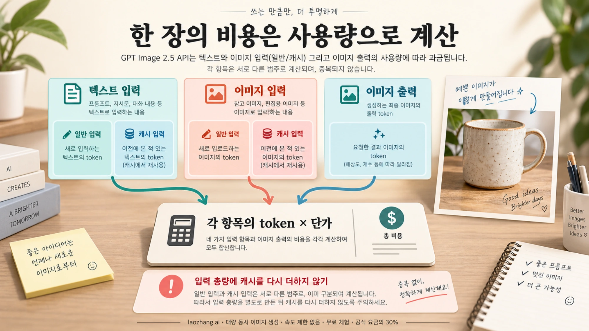 텍스트 입력과 이미지 입력의 일반·캐시 항목, 이미지 출력 비용을 함께 보여 주는 계산 도식