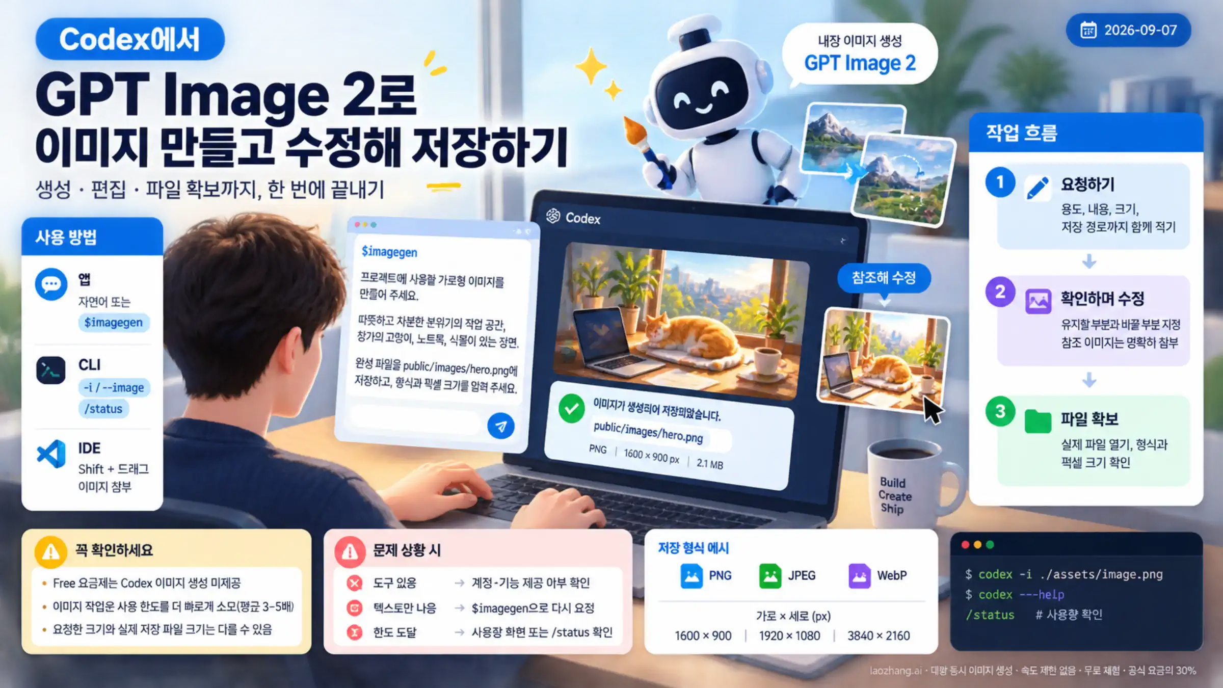 Codex로 이미지를 요청하고 수정한 뒤 파일을 확보하는 과정을 보여 주는 안내 그림