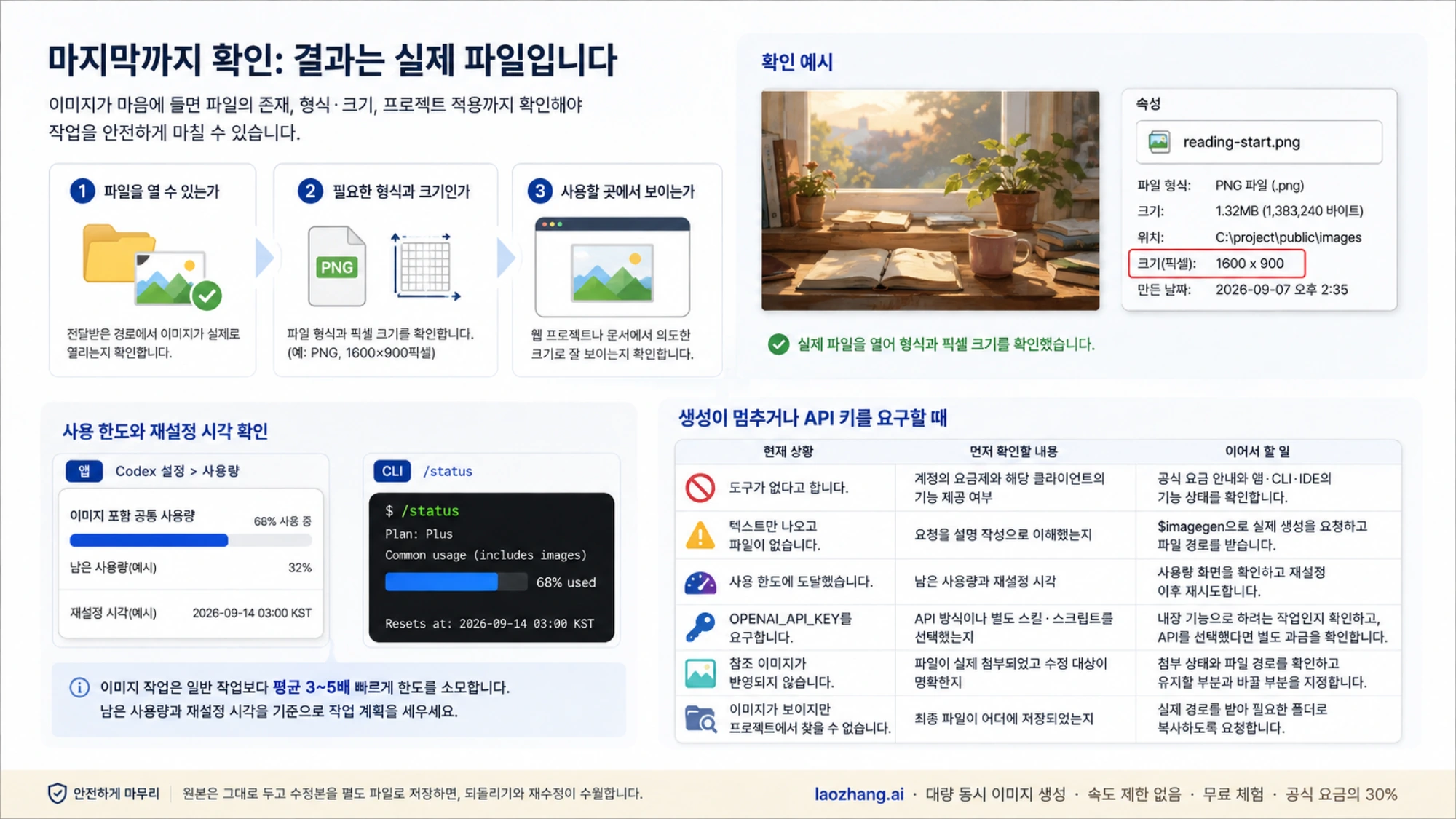 이미지 파일의 열림·형식·크기 확인과 Codex 사용 한도 및 문제별 다음 행동을 정리한 안내