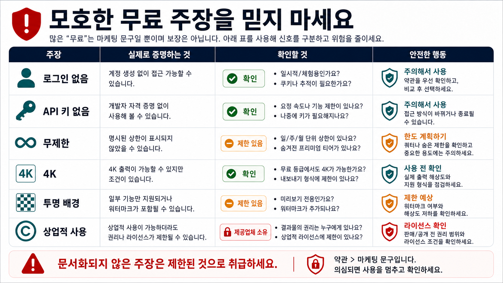 로그인 없음, API 키 없음, 무제한, 4K, 투명 배경, 상업적 사용 표시를 확인하는 매트릭스