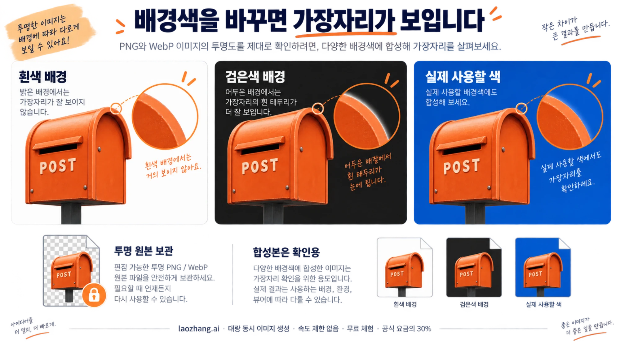 흰색·검은색·파란색 배경에서 우편함 가장자리를 확대해 비교한 그림