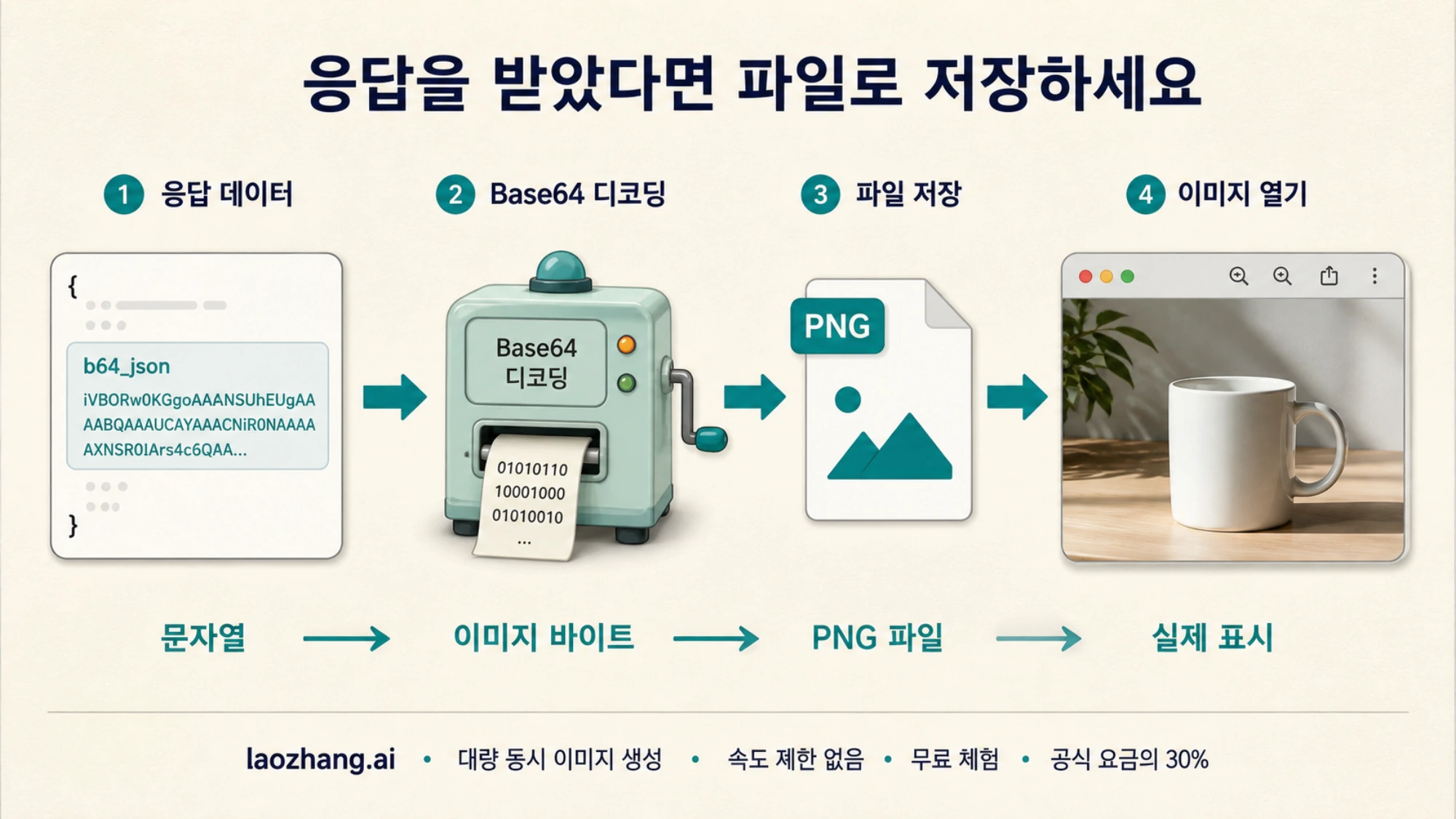 Base64 응답을 디코딩한 뒤 PNG 파일로 저장하고 이미지 뷰어에서 여는 순서