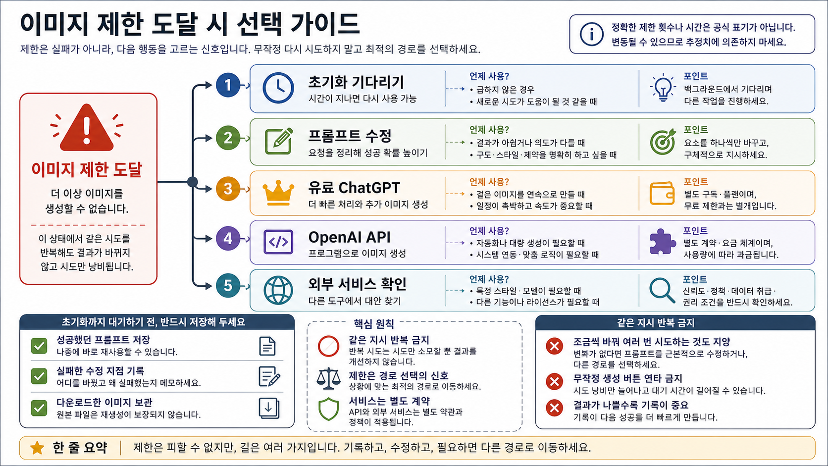 ChatGPT 이미지 제한 후 기다리기, 프롬프트 수정, 유료 플랜, API, 외부 서비스를 선택하는 분기표.