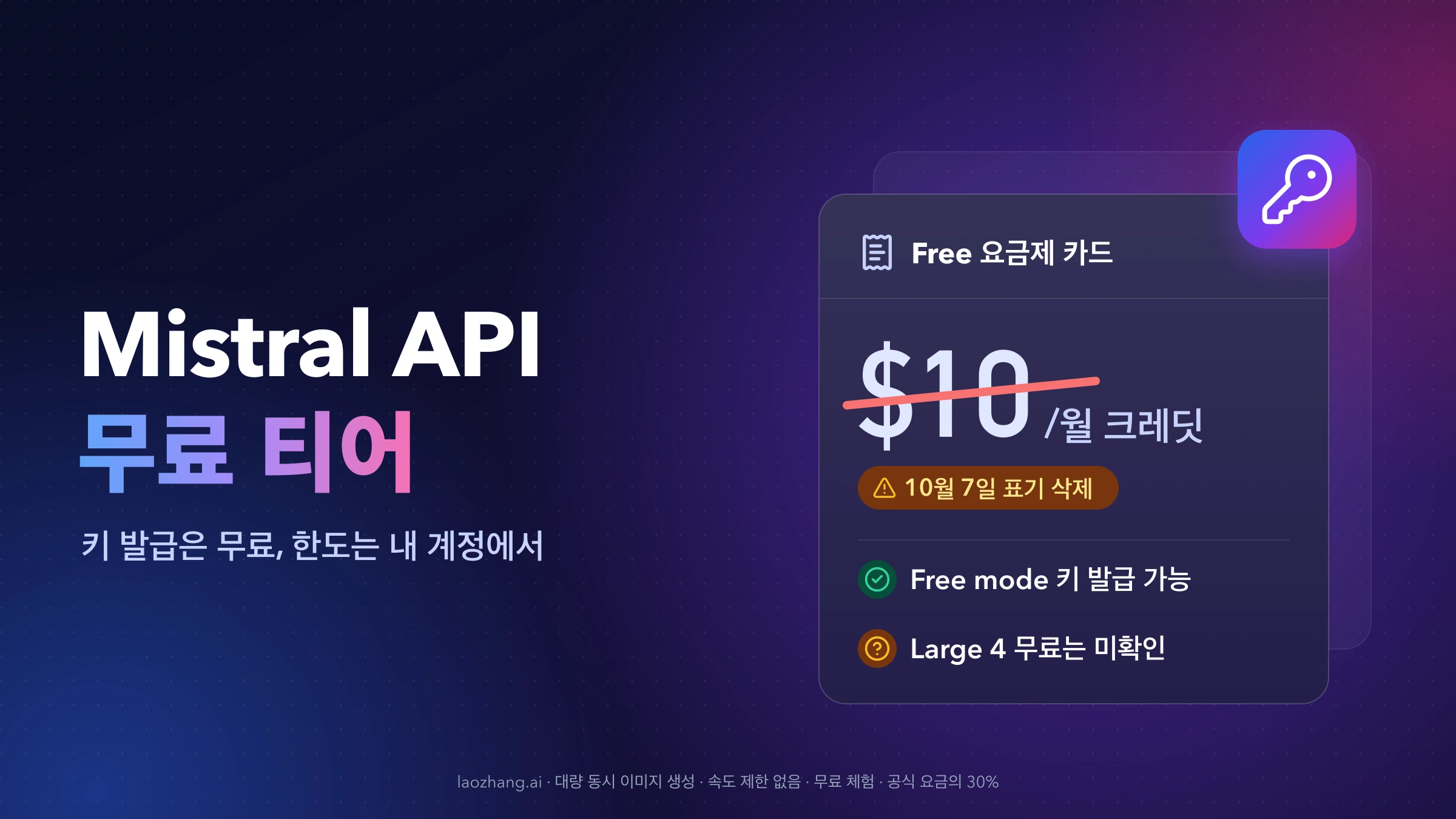 Mistral API 무료 티어: Free 요금제 카드의 월 $10 크레딧에 취소선이 그어져 있고, Free mode 키 발급 가능, Large 4 무료는 미확인이라고 표시된 그림