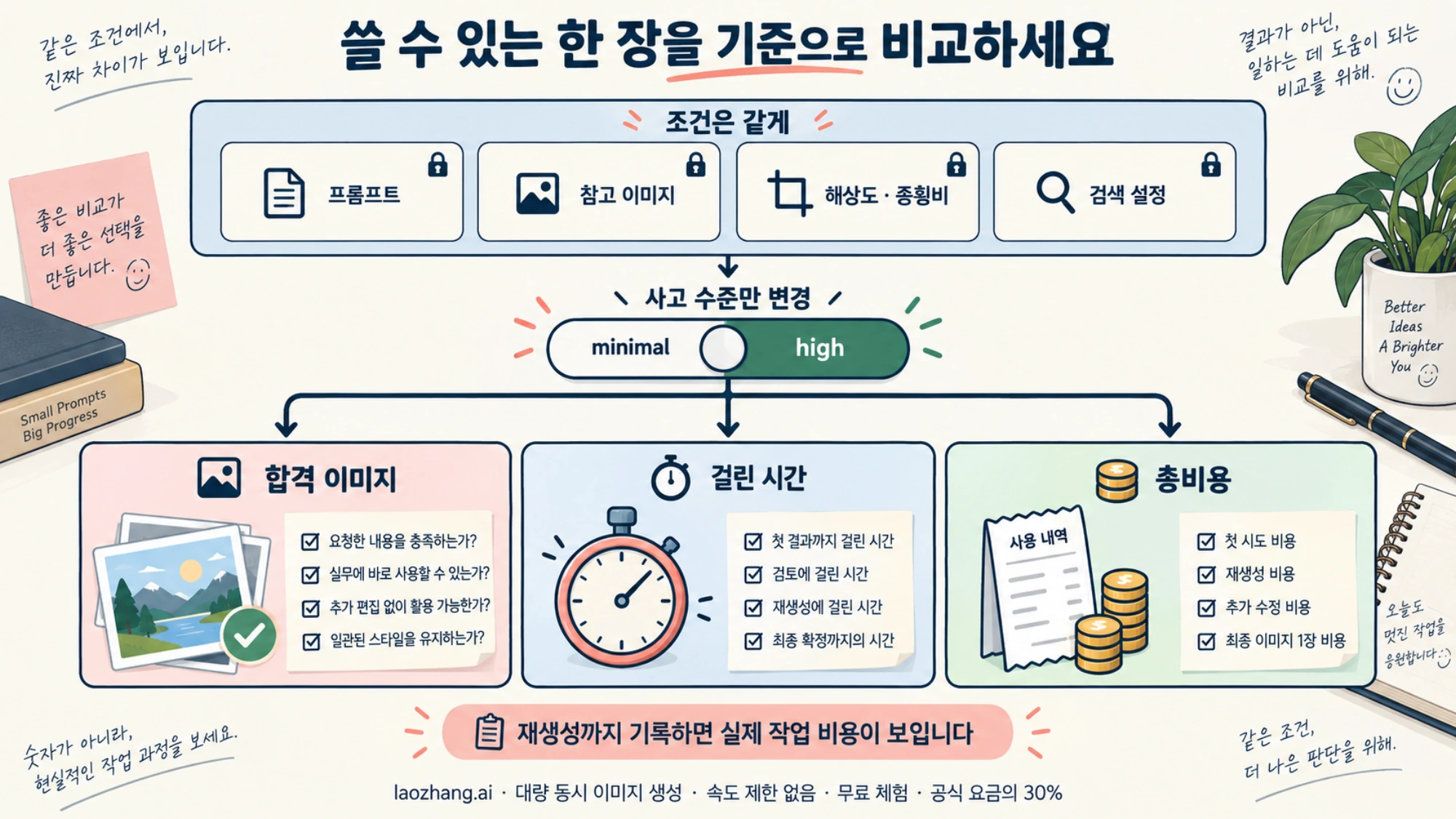 동일한 요청 조건에서 사고 수준만 바꾸고 합격 이미지, 걸린 시간, 총비용을 비교하는 방법