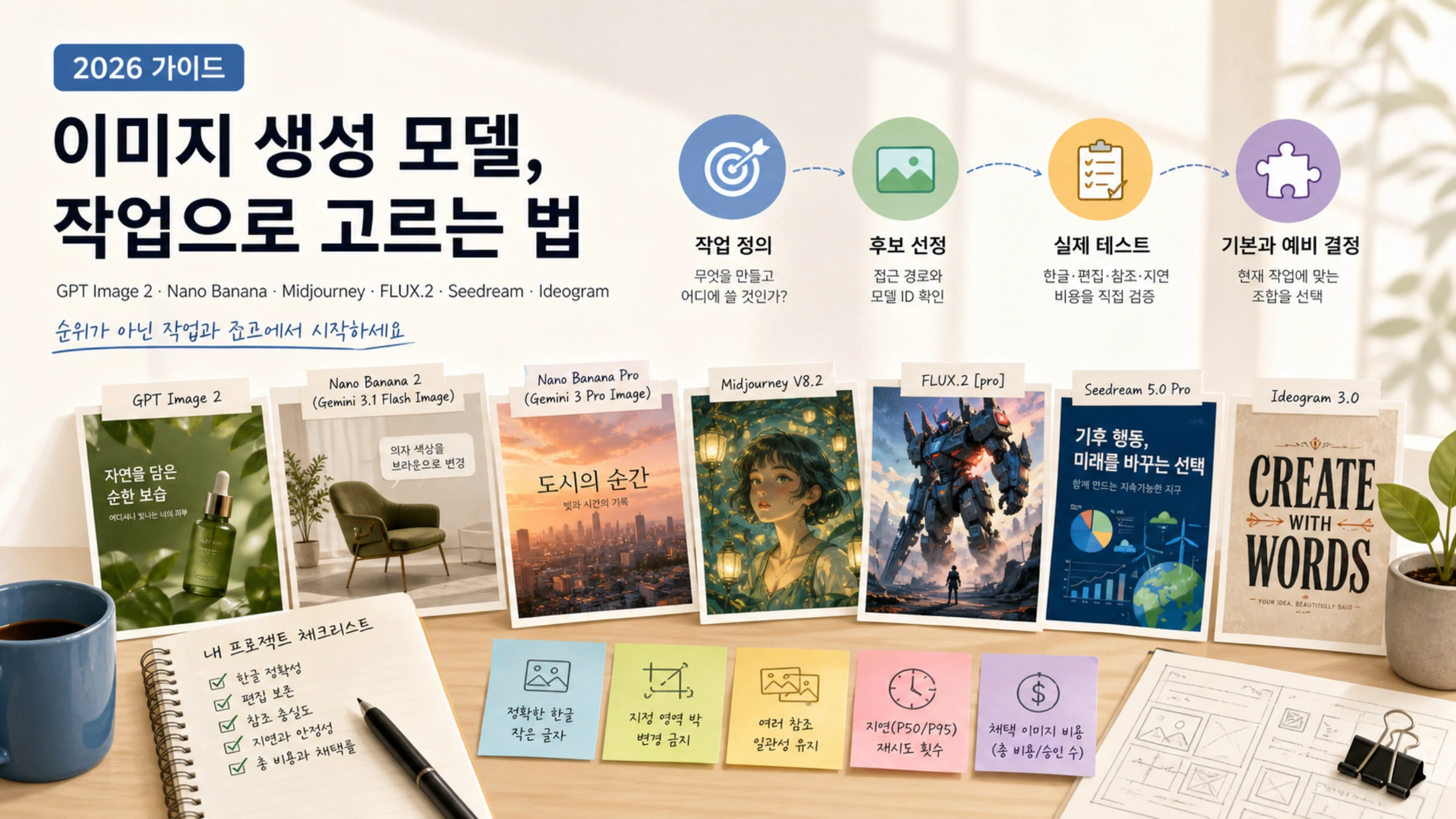 작업 정의부터 실제 한글 테스트까지 이어지는 2026 이미지 생성 모델 선택 작업대