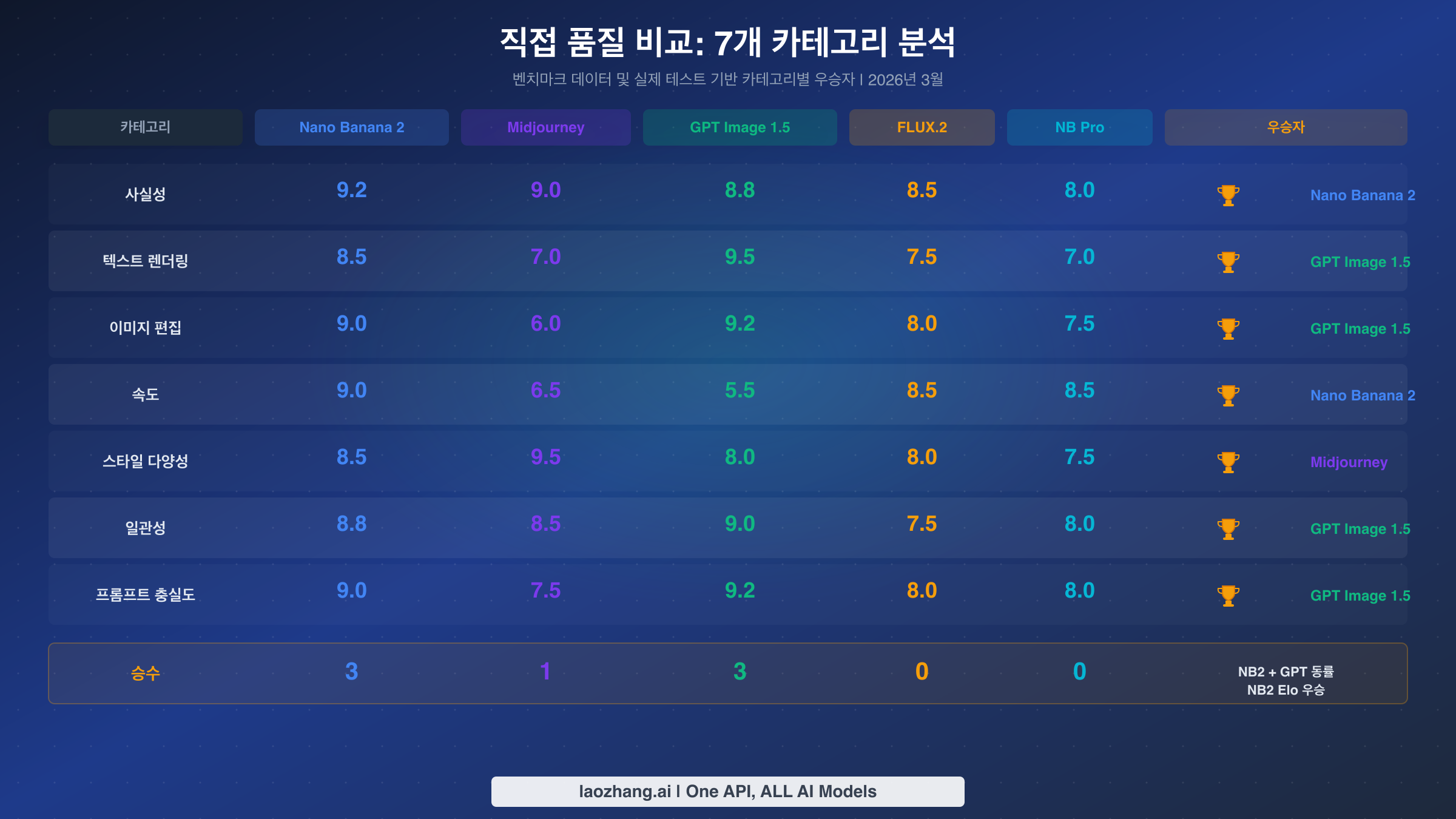 5대 AI 이미지 생성기의 7개 카테고리별 점수를 보여주는 품질 비교 매트릭스