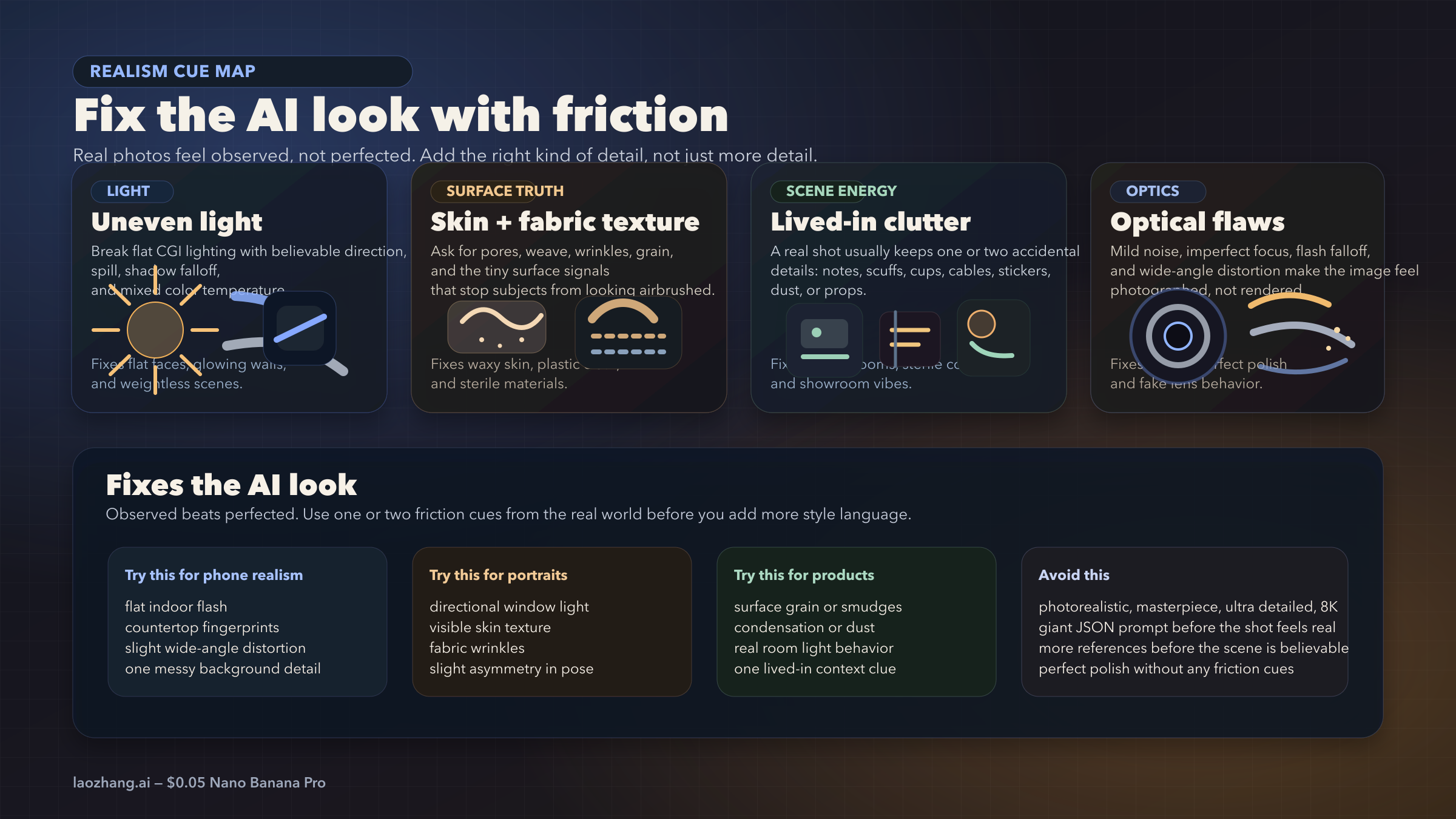 불균일한 빛, 피부와 천의 질감, 생활감 있는 어수선함, 광학적 거칠음을 묶은 리얼리즘 cue map