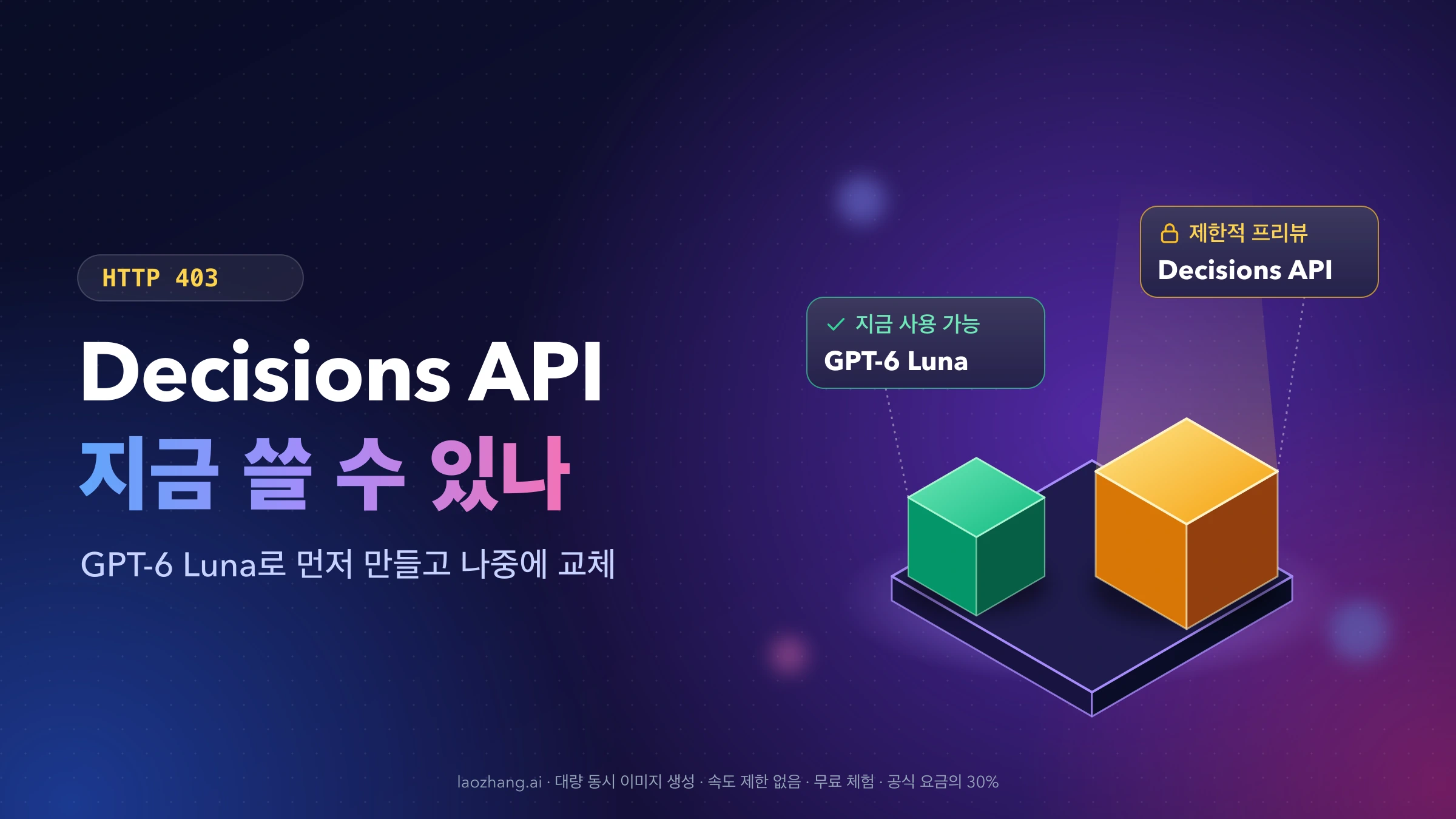 GPT-6 Luna는 지금 사용 가능, Decisions API는 HTTP 403의 제한적 프리뷰임을 두 개의 입체 블록으로 표현한 표지