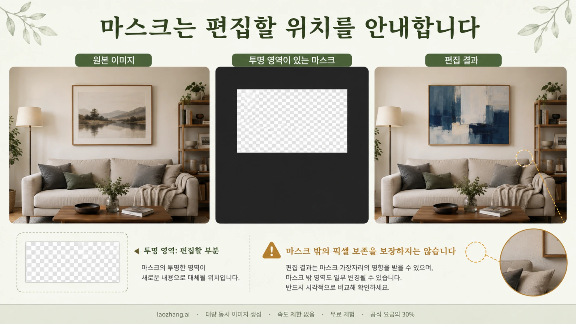 원본 방 사진, 액자 영역을 투명하게 표시한 마스크, 액자를 바꾼 편집 결과를 나란히 보여주는 그림