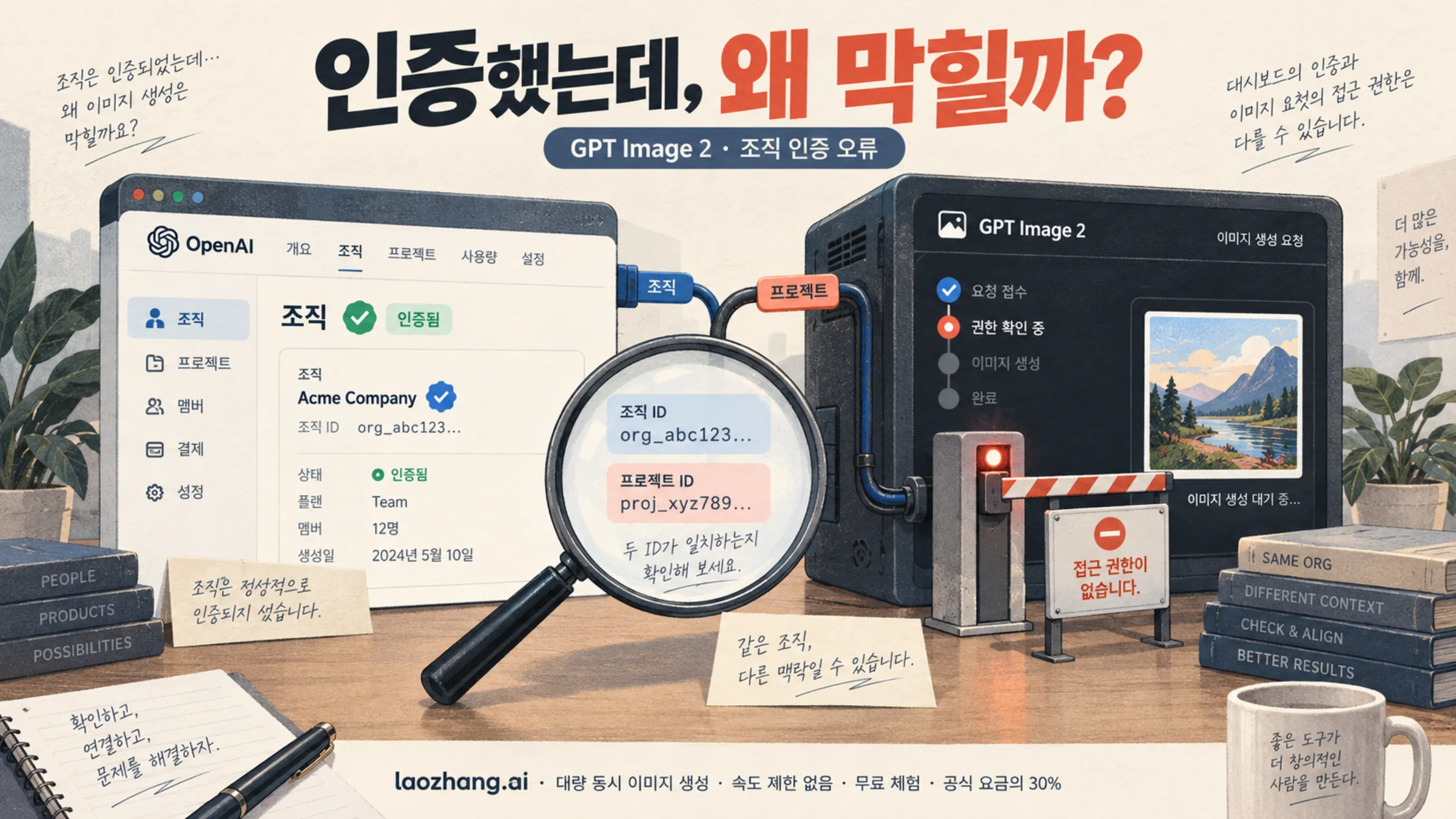 인증된 조직 화면과 접근이 막힌 이미지 요청을 대조하는 그림