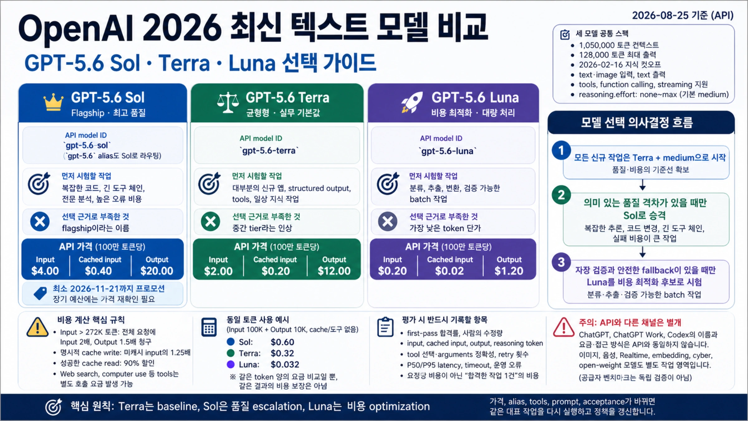 GPT-5.6 Sol·Terra·Luna의 API ID, 가격, 공통 사양과 선택 원칙을 정리한 비교 인포그래픽