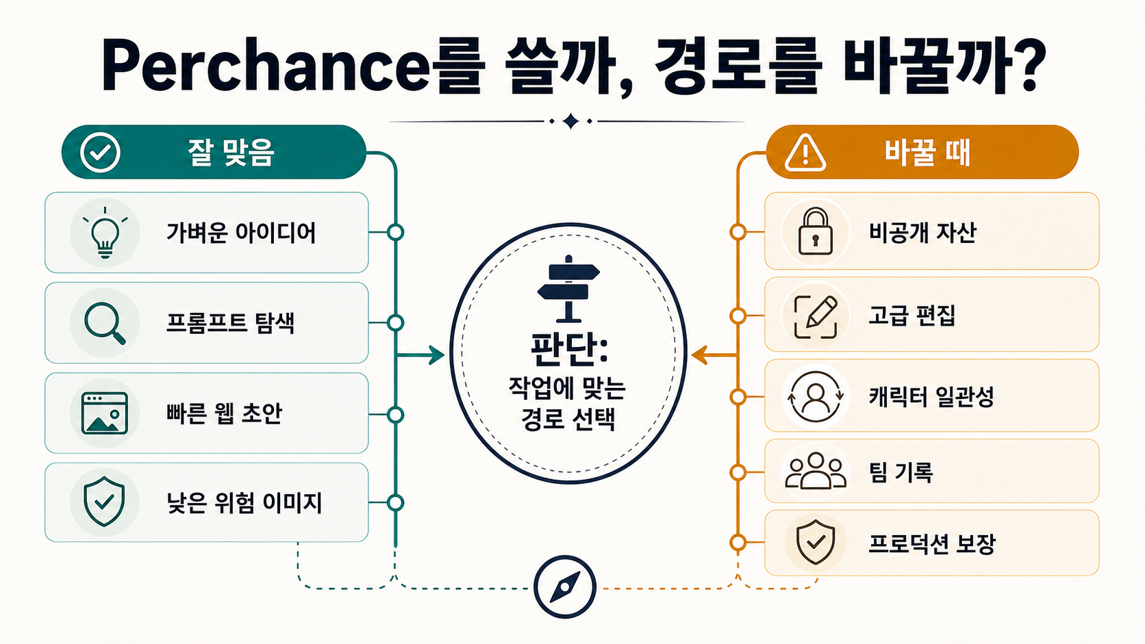 Perchance가 casual ideation에 맞는 경우와 privacy, editing, consistency, team history, production assurance가 필요할 때 다른 경로로 전환하는 판단 매트릭스