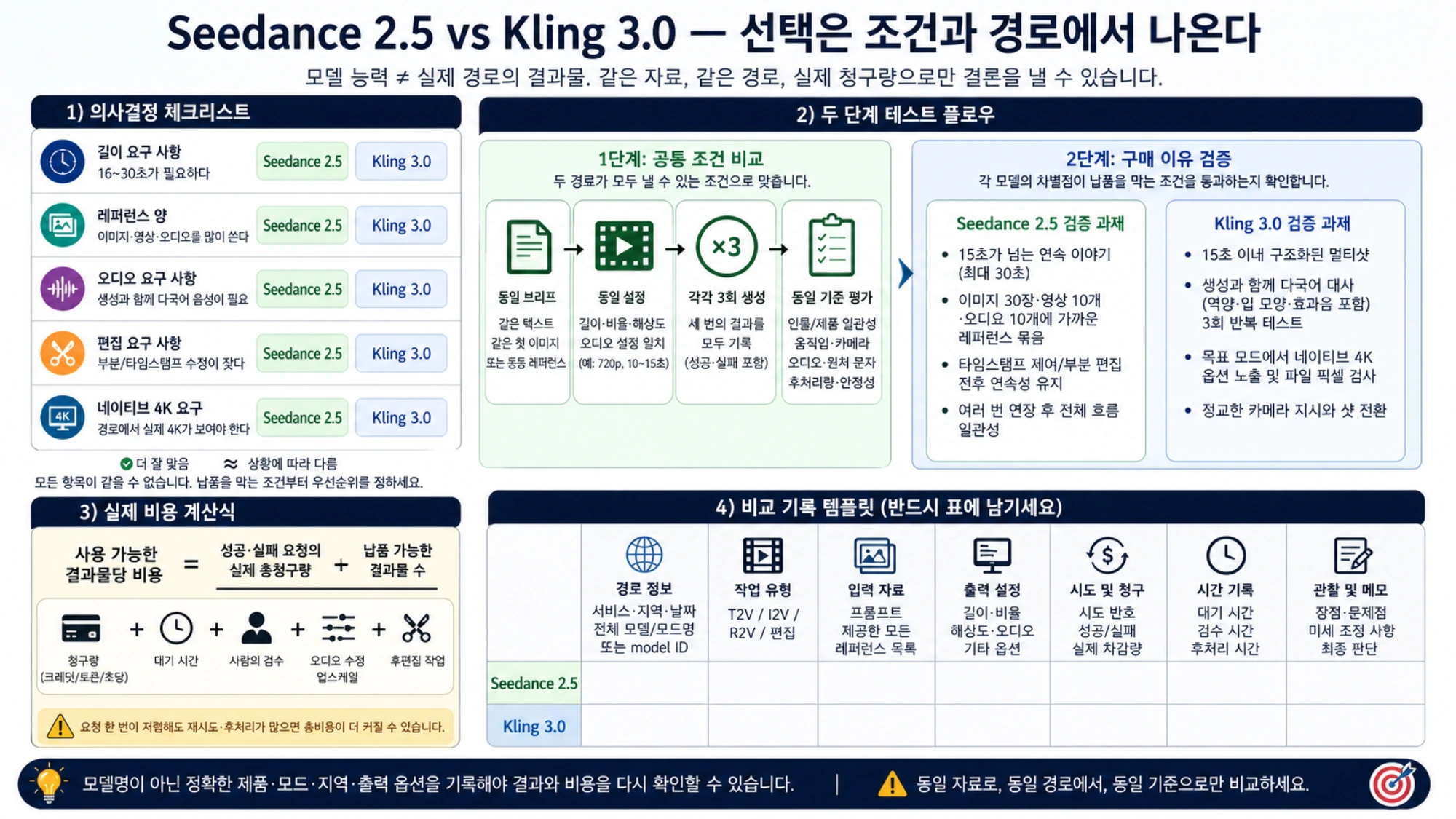 납품 조건 체크리스트, 두 단계 테스트, 실제 결과물 비용 공식, 경로별 비교 기록 템플릿