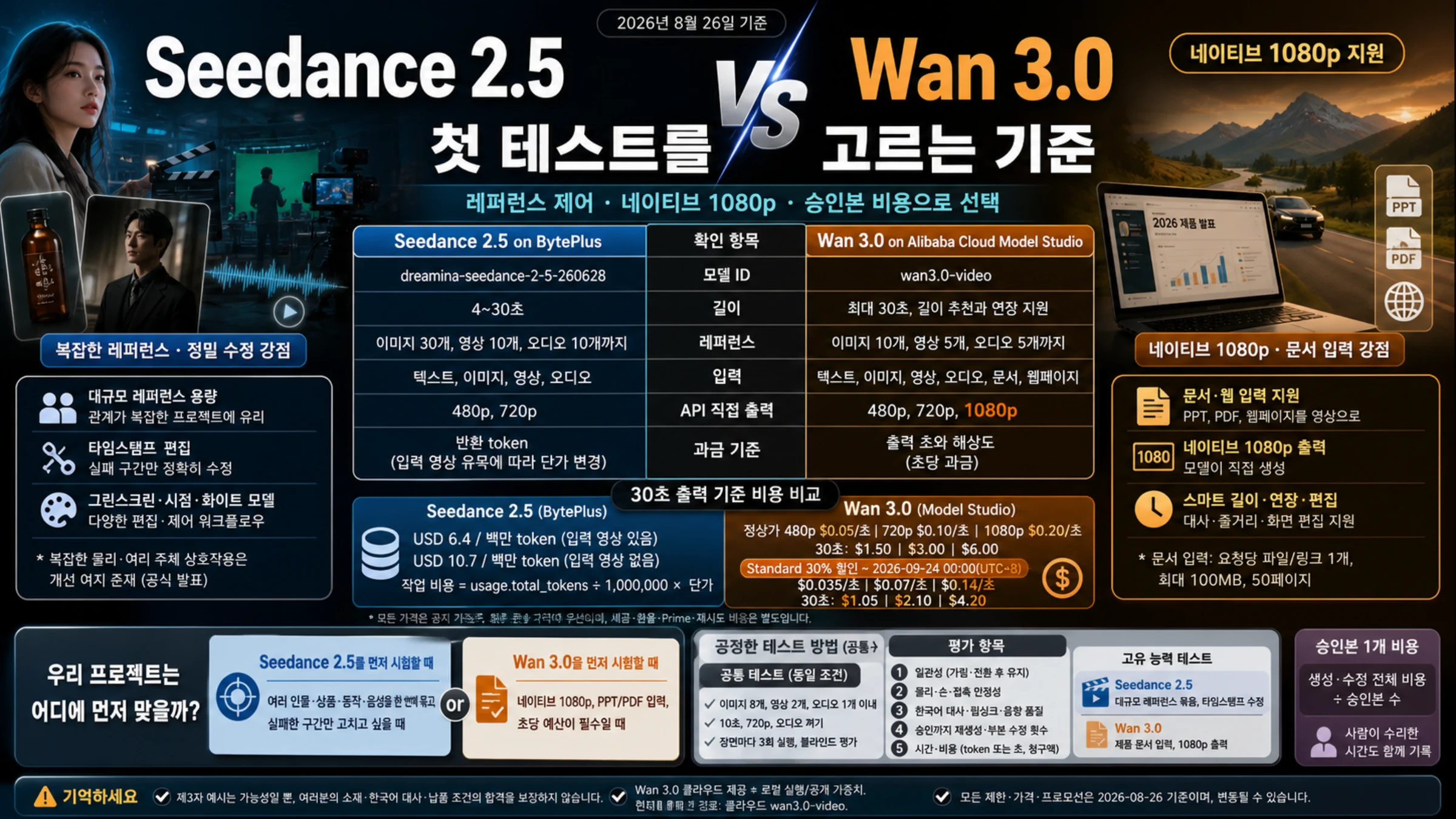 Seedance 2.5와 Wan 3.0의 레퍼런스 제어, 1080p, 입력, 과금과 공정한 시험 기준 비교