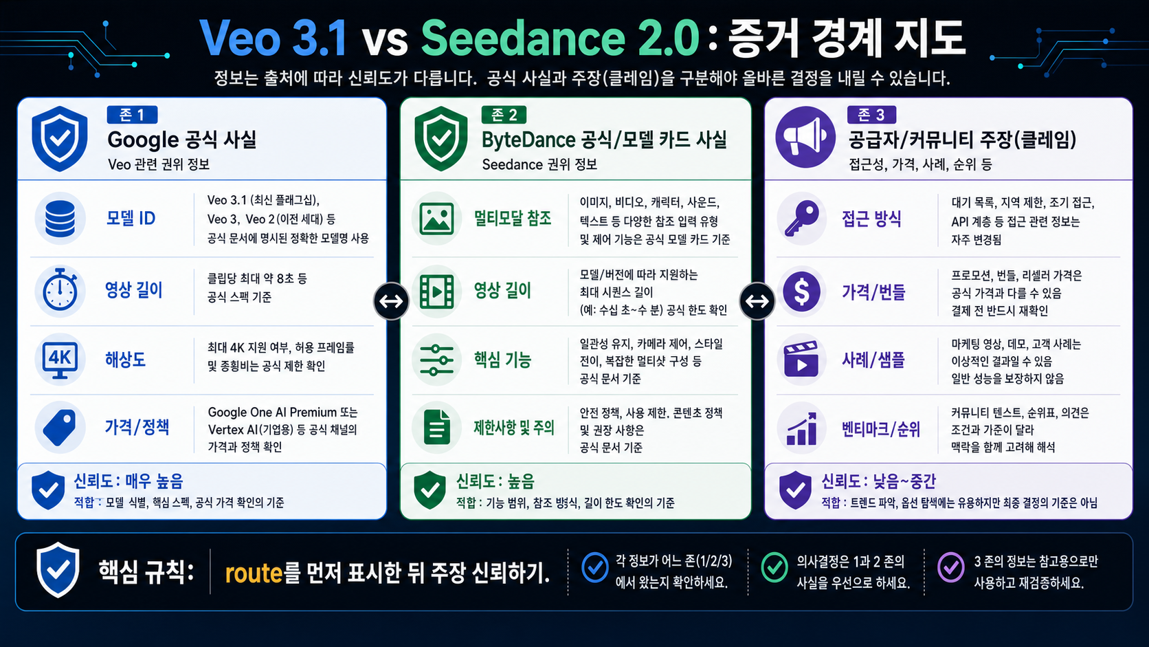 Google 공식 사실, ByteDance 모델 사실, 제공사 경로 주장을 나누는 증거 경계 지도