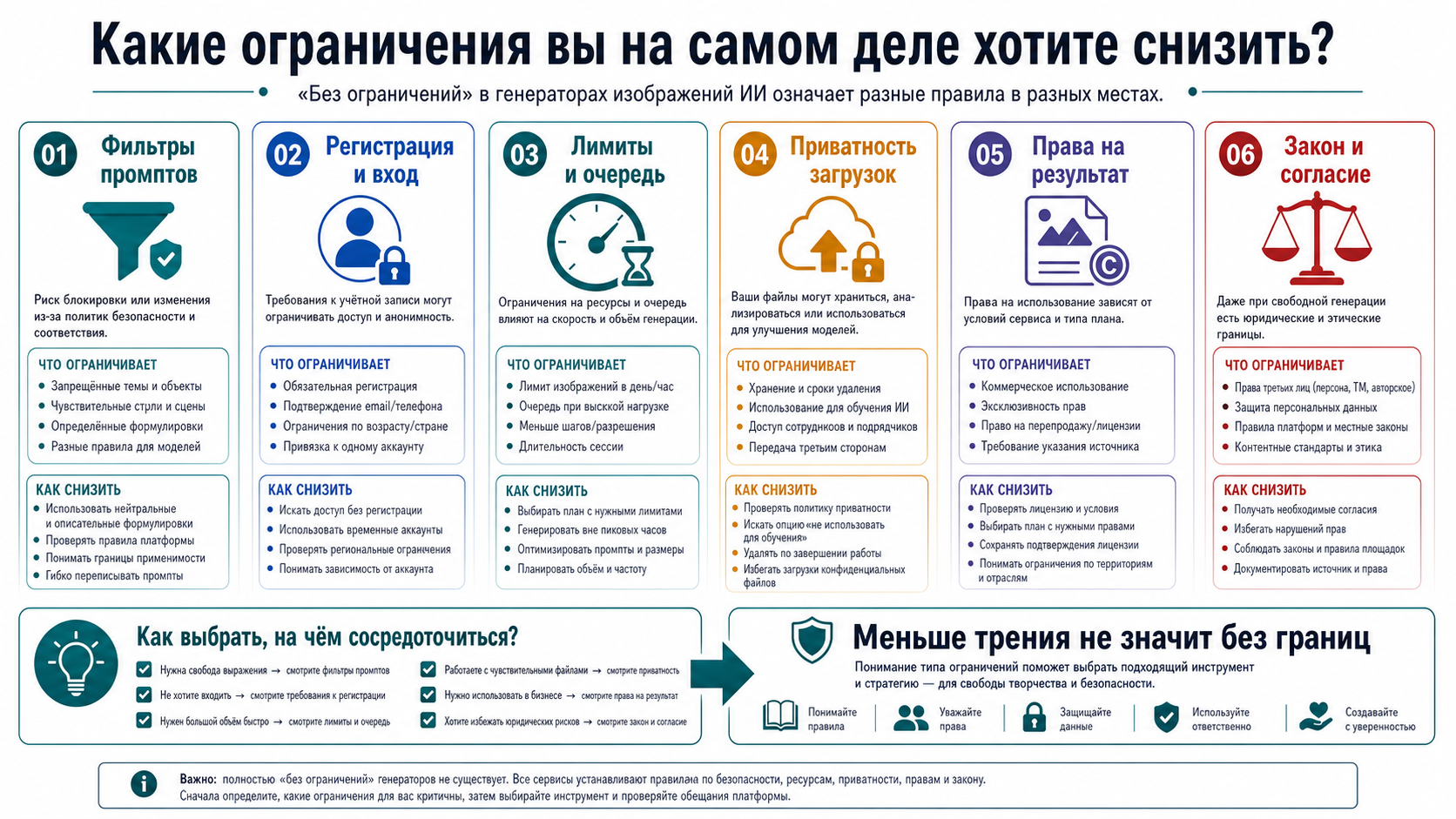 Классификация ограничений ИИ-генераторов изображений: фильтры, регистрация, лимиты, приватность, права и согласие